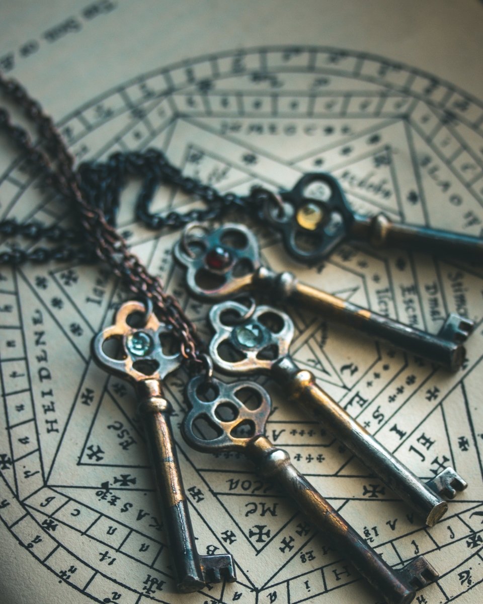 Hekate's Crossroads Key with Pale Green Emerald: Handcrafted Pendant of Transformation and Protection - Machinations