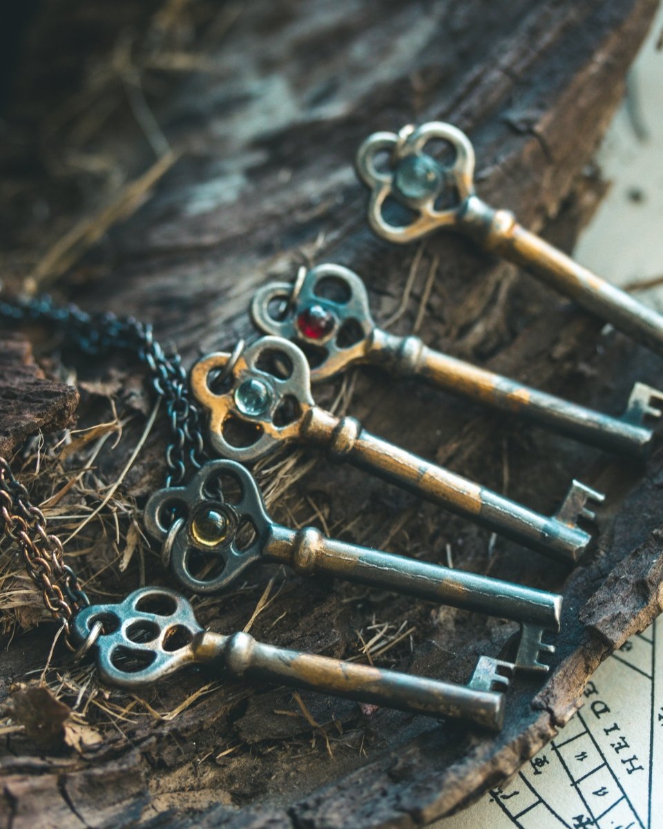 Hekate's Crossroads Key with Pale Green Emerald: Handcrafted Pendant of Transformation and Protection - Machinations