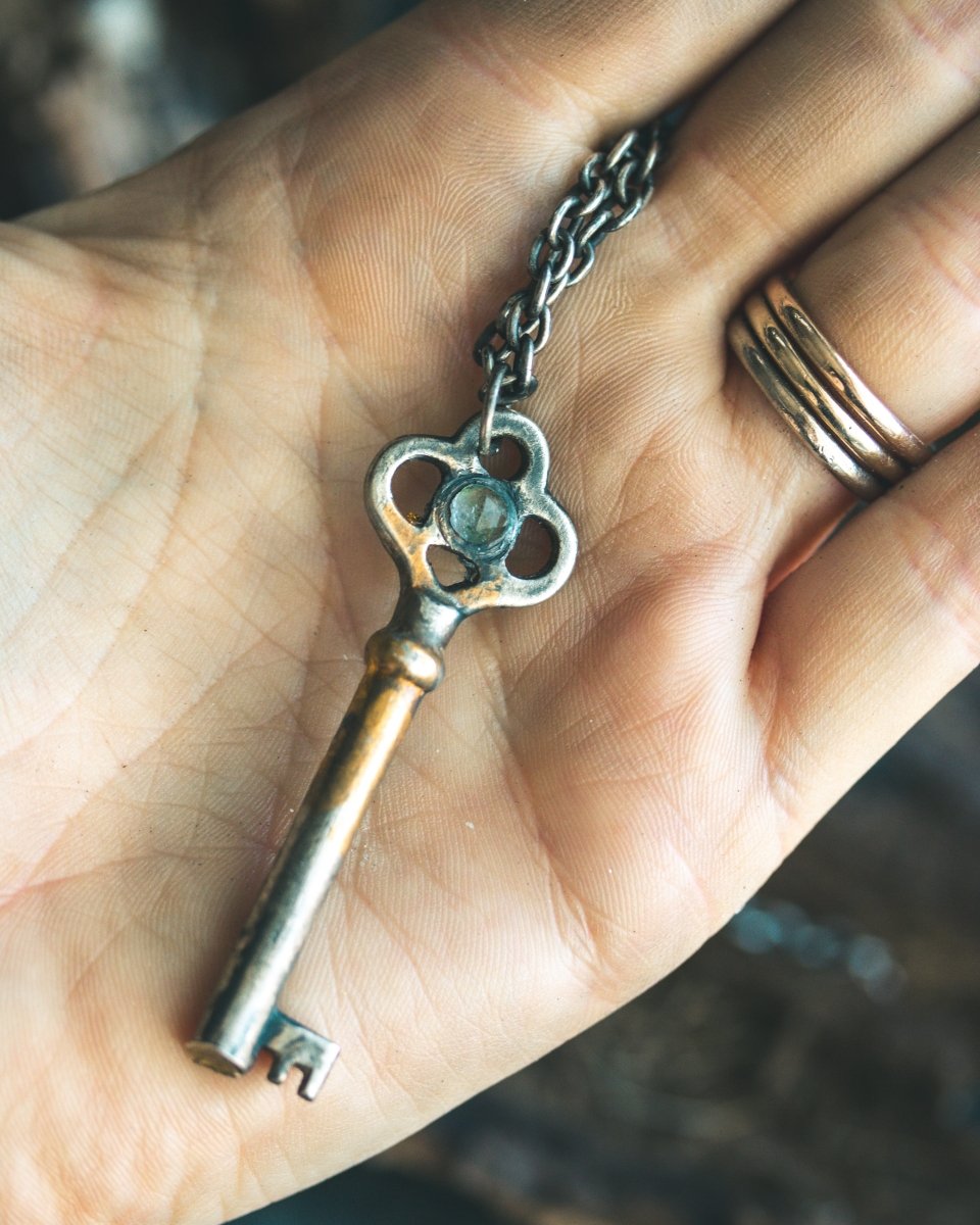 Hekate's Crossroads Key with Pale Green Emerald: Handcrafted Pendant of Transformation and Protection - Machinations
