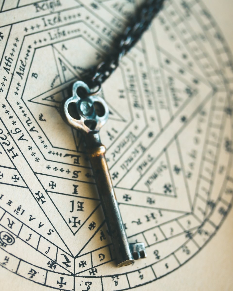 Hekate's Crossroads Key with Pale Green Emerald: Handcrafted Pendant of Transformation and Protection - Machinations