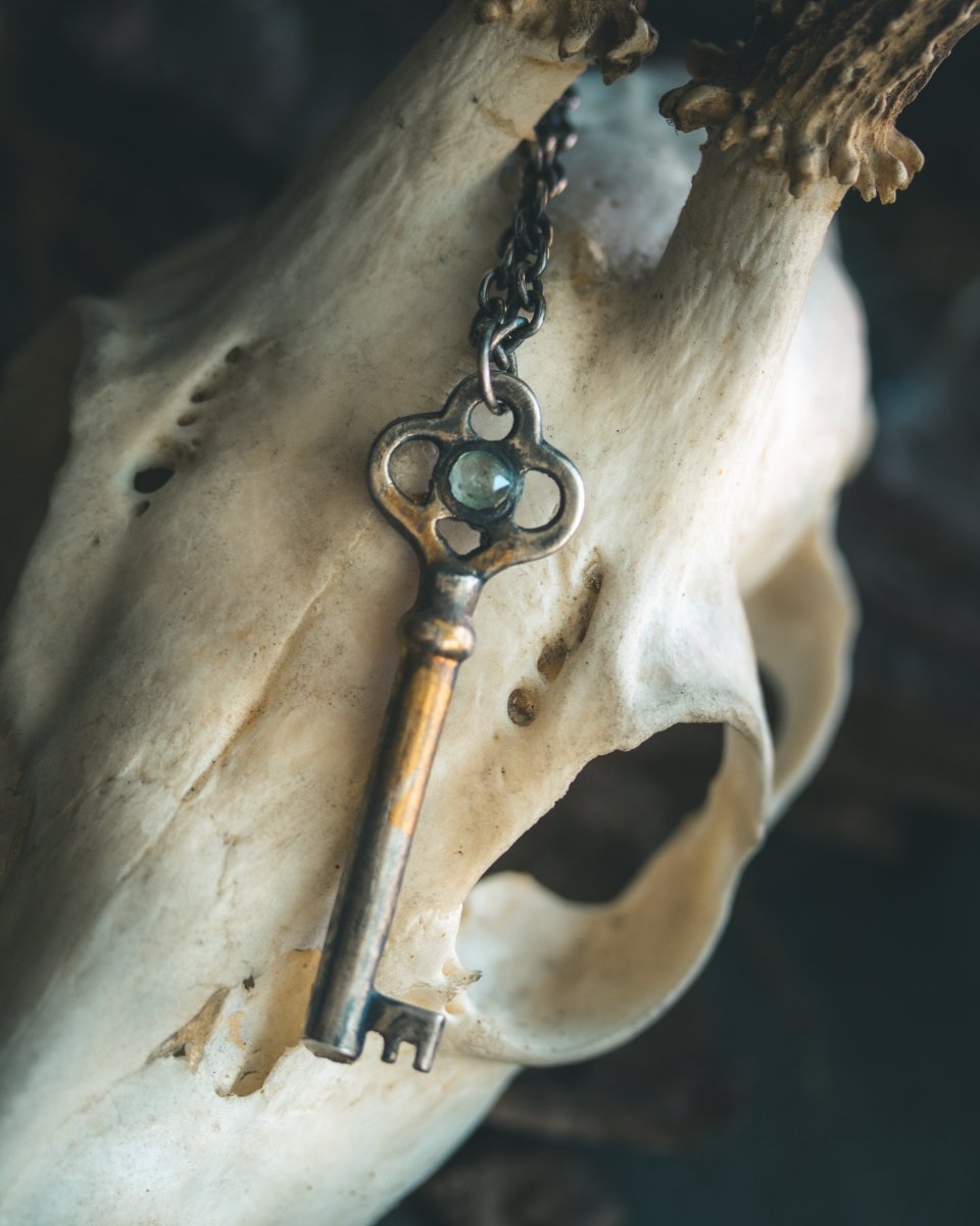 Hekate's Crossroads Key with Pale Green Emerald: Handcrafted Pendant of Transformation and Protection - Machinations