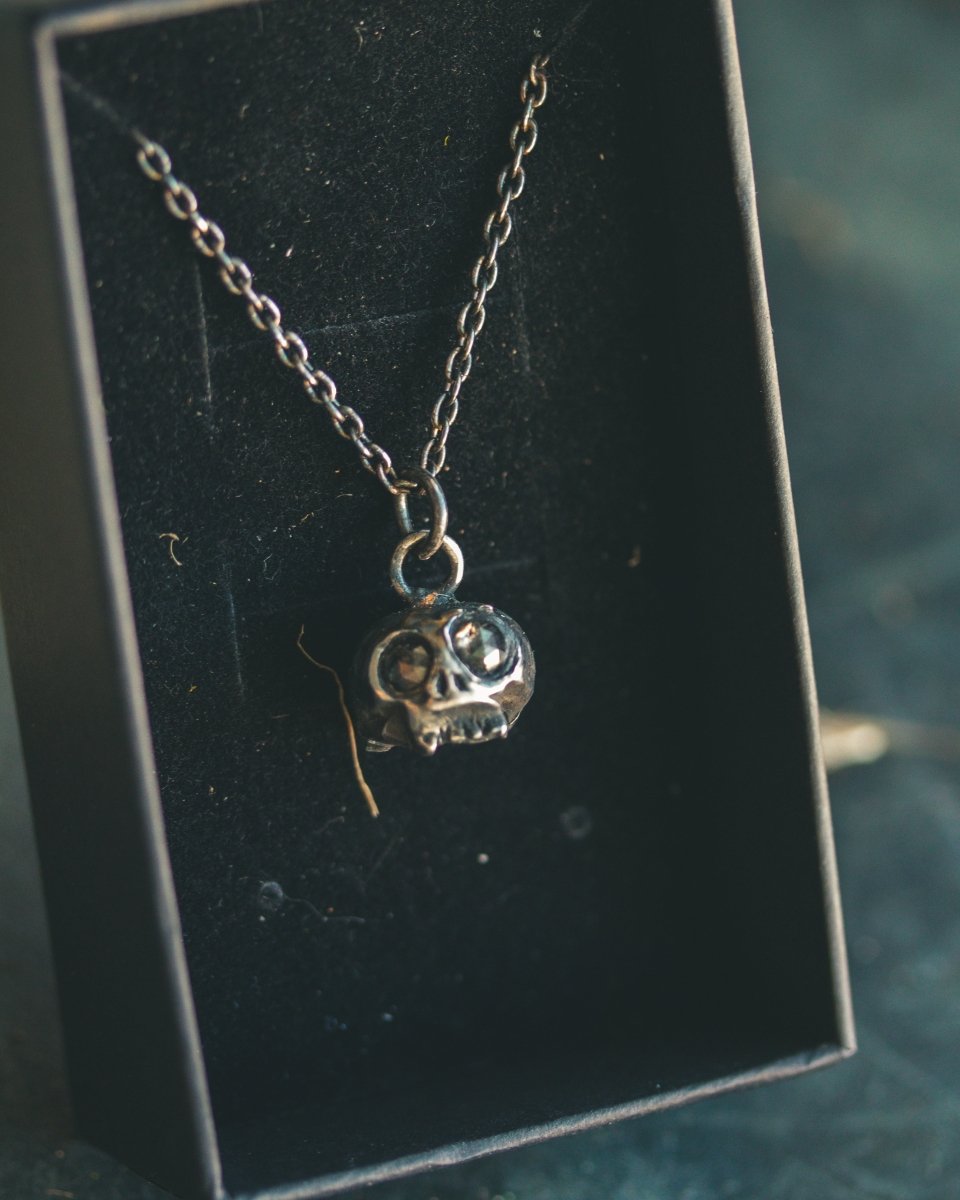 Memento Mori Skull Charm with Salt and Pepper Rose - Cut Diamond Eyes: A Reflection of Life’s Duality - Machinations