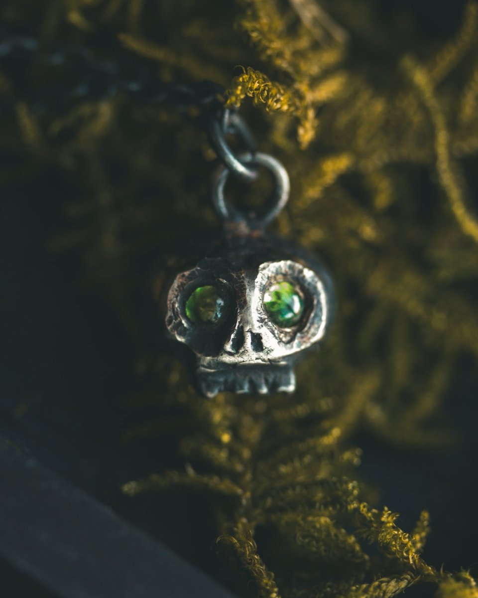 Memento Mori Skull Charm with Tsavorite Garnet – Sterling Silver & 23.5K Gold Talisman of Mortality, Transformation & Vital Life Force Only 1 Available - Machinations