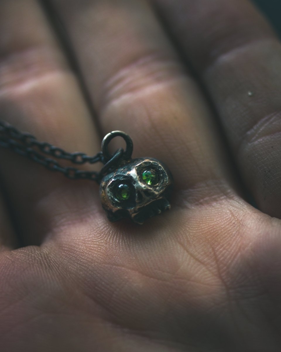 Memento Mori Skull Charm with Tsavorite Garnet – Sterling Silver & 23.5K Gold Talisman of Mortality, Transformation & Vital Life Force Only 1 Available - Machinations