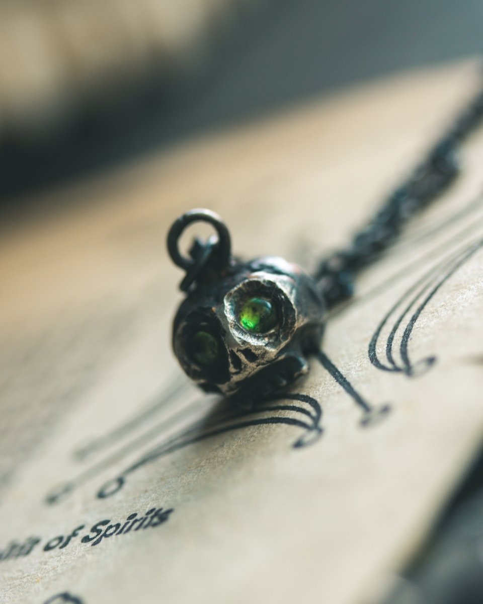 Memento Mori Skull Charm with Tsavorite Garnet – Sterling Silver & 23.5K Gold Talisman of Mortality, Transformation & Vital Life Force Only 1 Available - Machinations