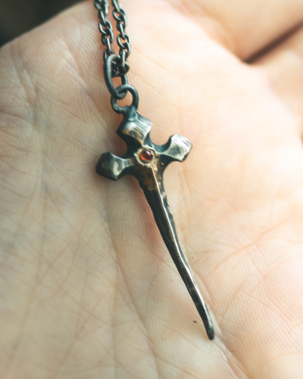 Sword Pendant with Almandine Garnet – Sterling Silver & 23.5K Gold Talisman of Fire, Strength, and Sacred Craft