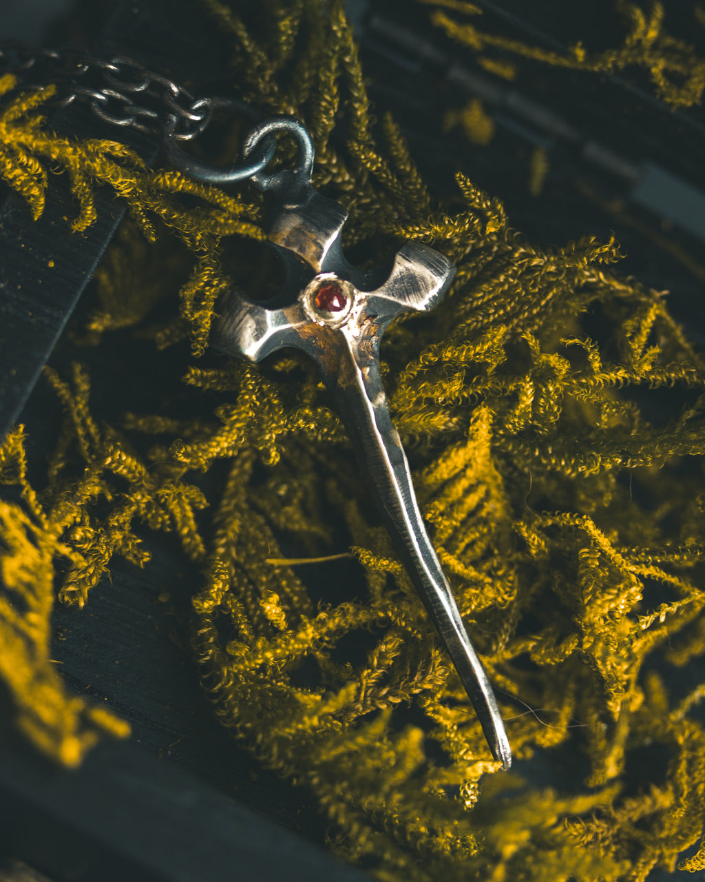 Sword Pendant with Almandine Garnet – Sterling Silver & 23.5K Gold Talisman of Fire, Strength, and Sacred Craft