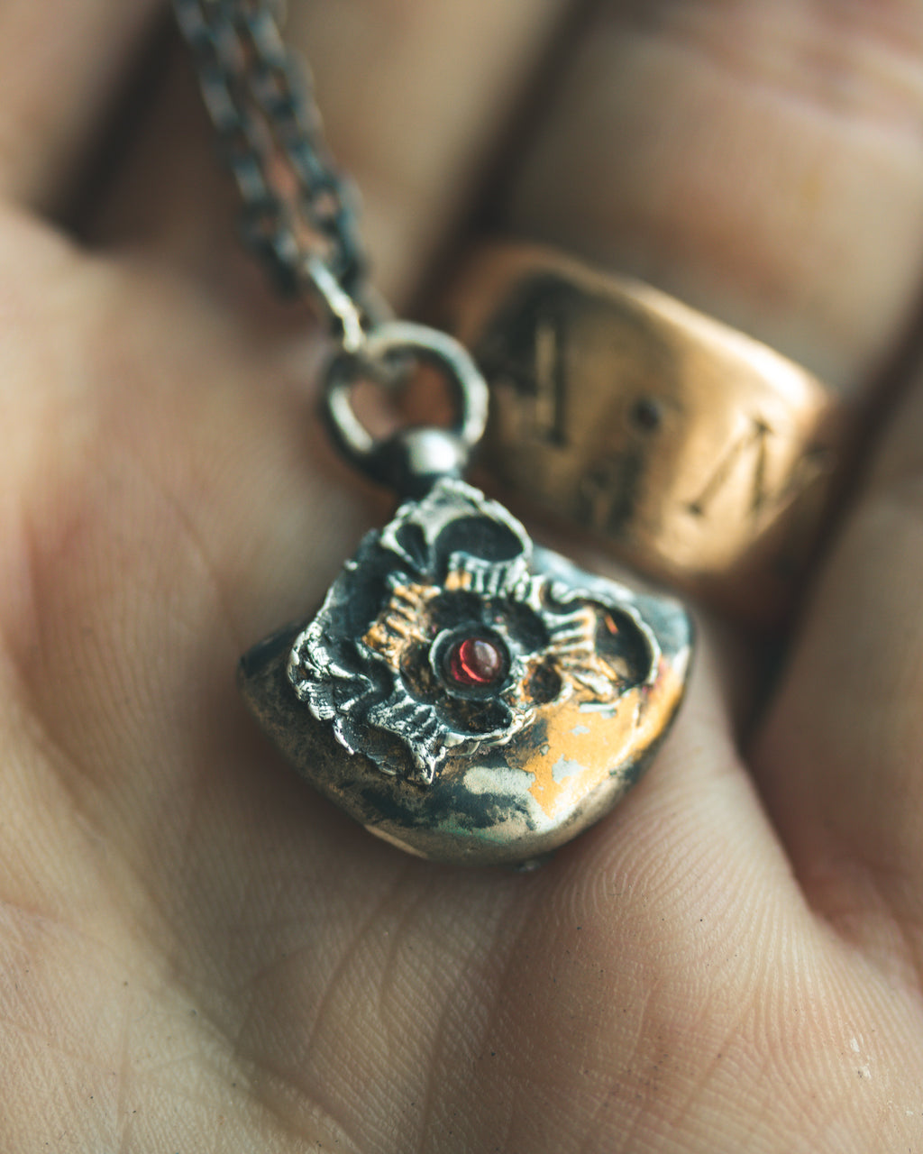 READY TO SHIP – Rose of Death Tarot Amulet with Almandine Garnet | Talisman of Rebirth, Strength & Hidden Wisdom