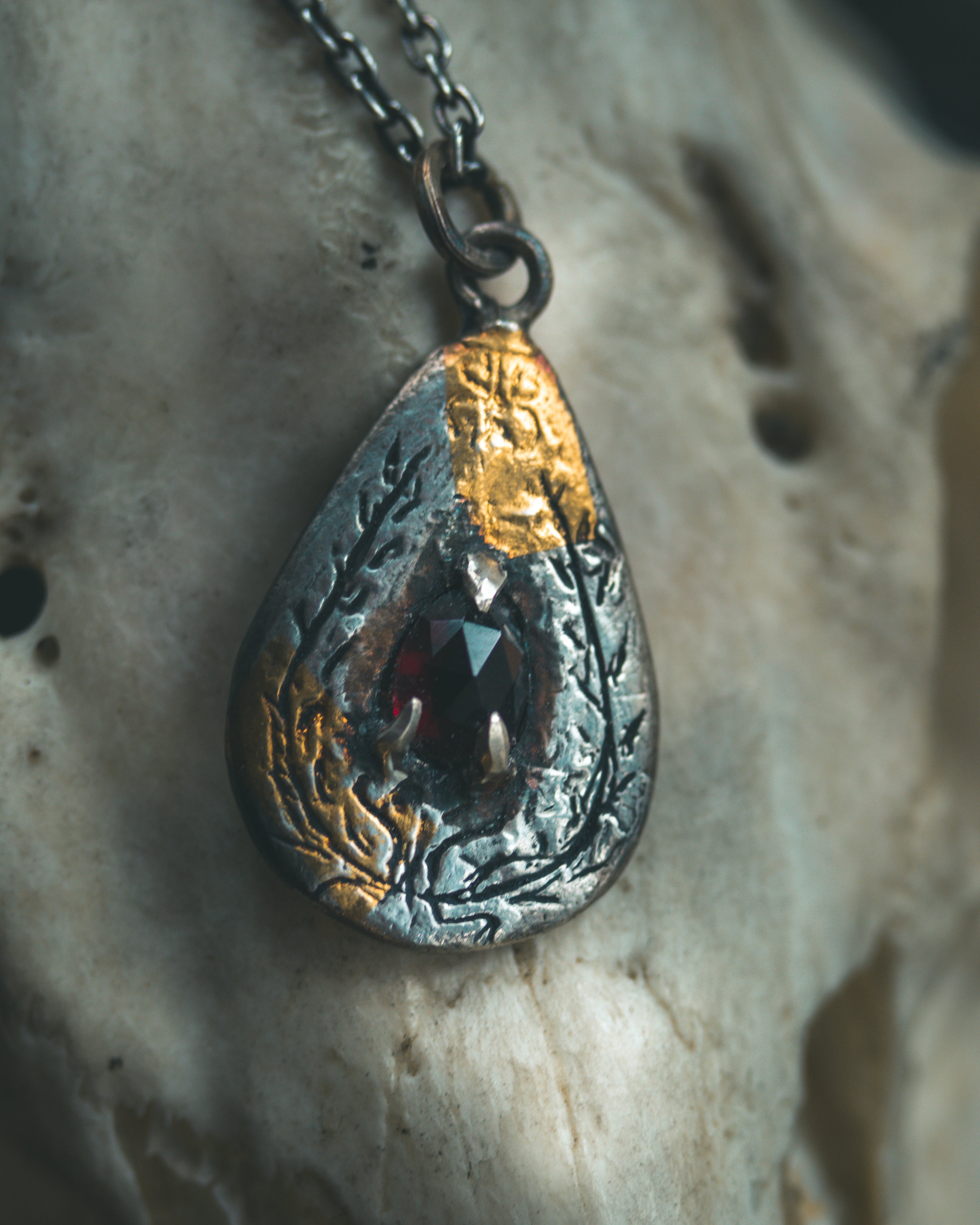 Yaga's Cabinet: Wheat & Flame Talisman - Sterling Silver | 23.5K Keum-boo Gold | Rose-Cut Garnet