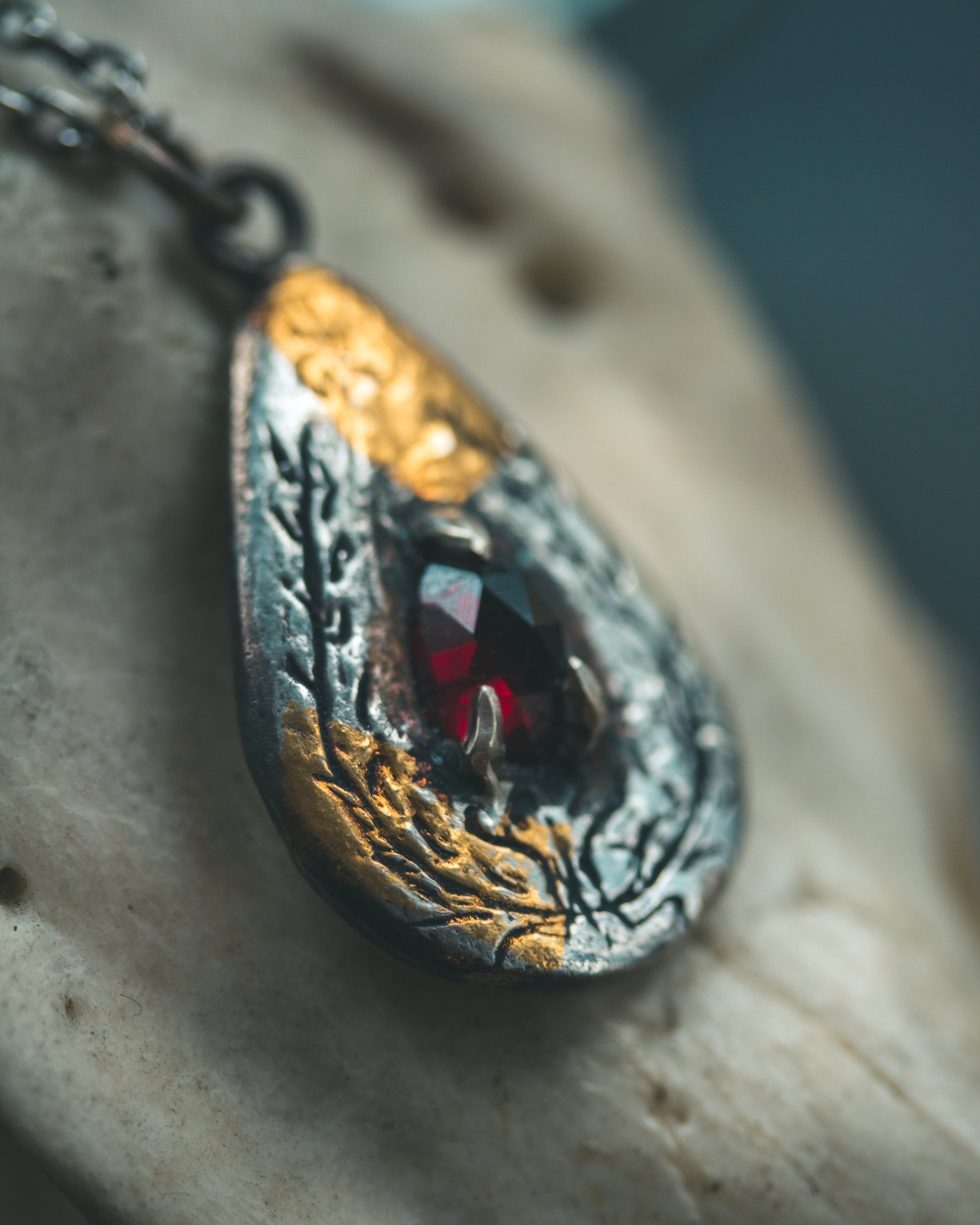 Yaga's Cabinet: Wheat & Flame Talisman - Sterling Silver | 23.5K Keum-boo Gold | Rose-Cut Garnet