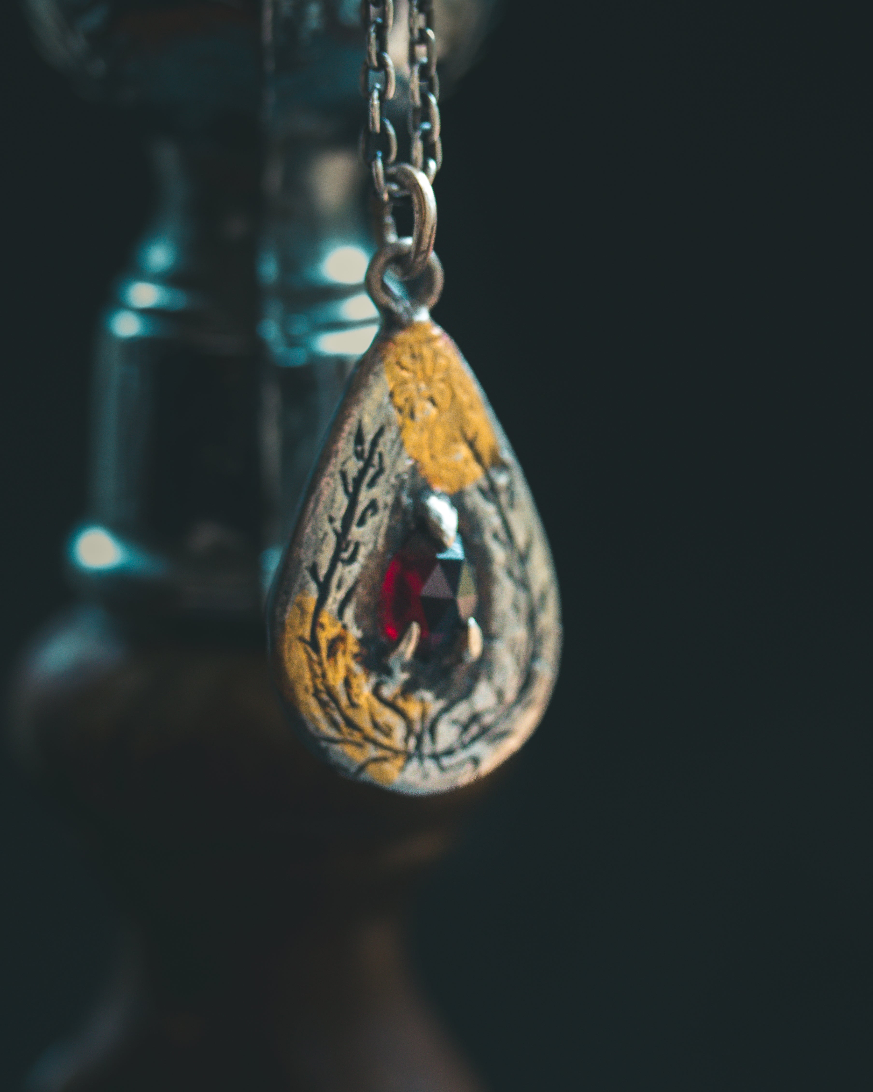 Yaga's Cabinet: Wheat & Flame Talisman - Sterling Silver | 23.5K Keum-boo Gold | Rose-Cut Garnet