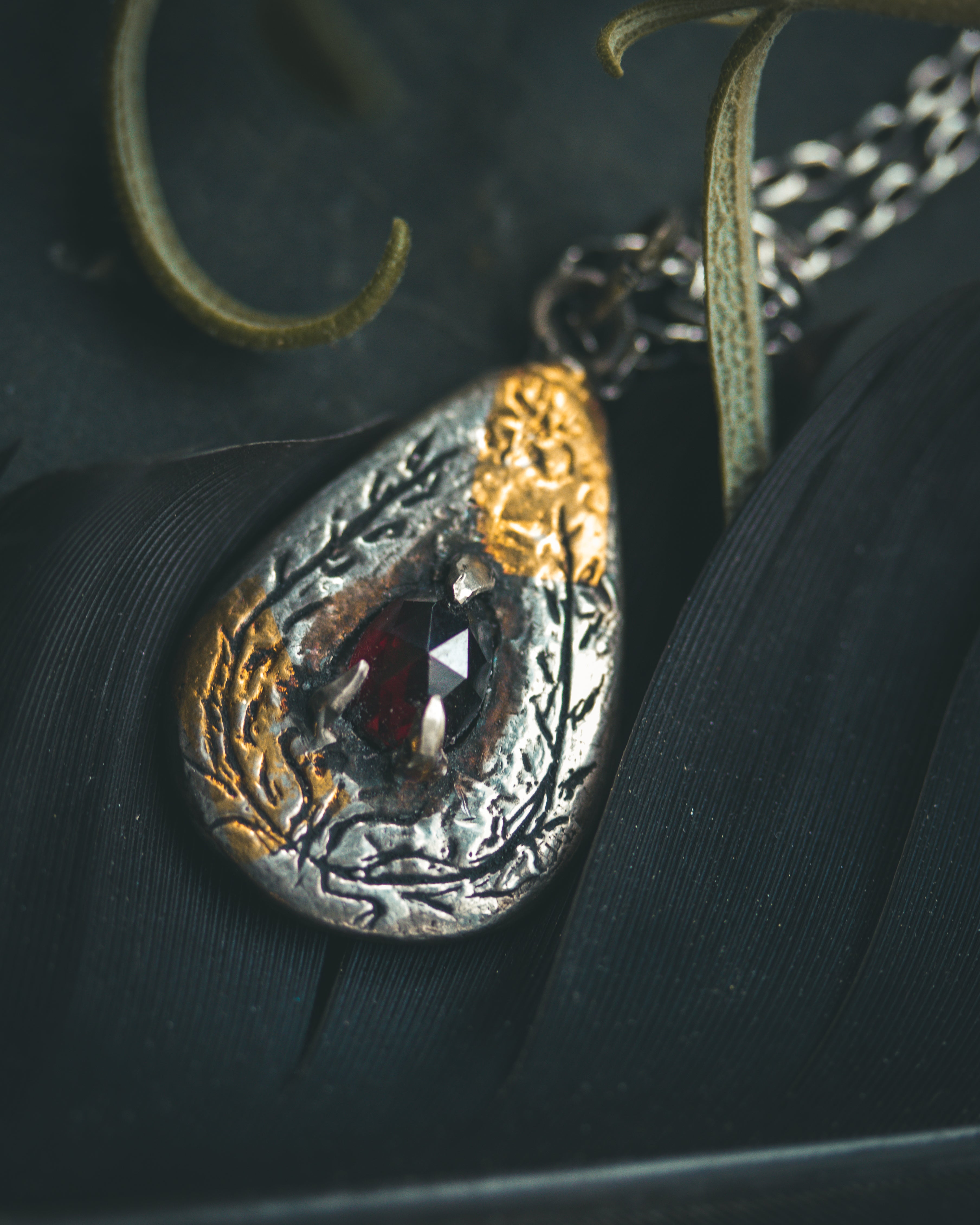 Yaga's Cabinet: Wheat & Flame Talisman - Sterling Silver | 23.5K Keum-boo Gold | Rose-Cut Garnet