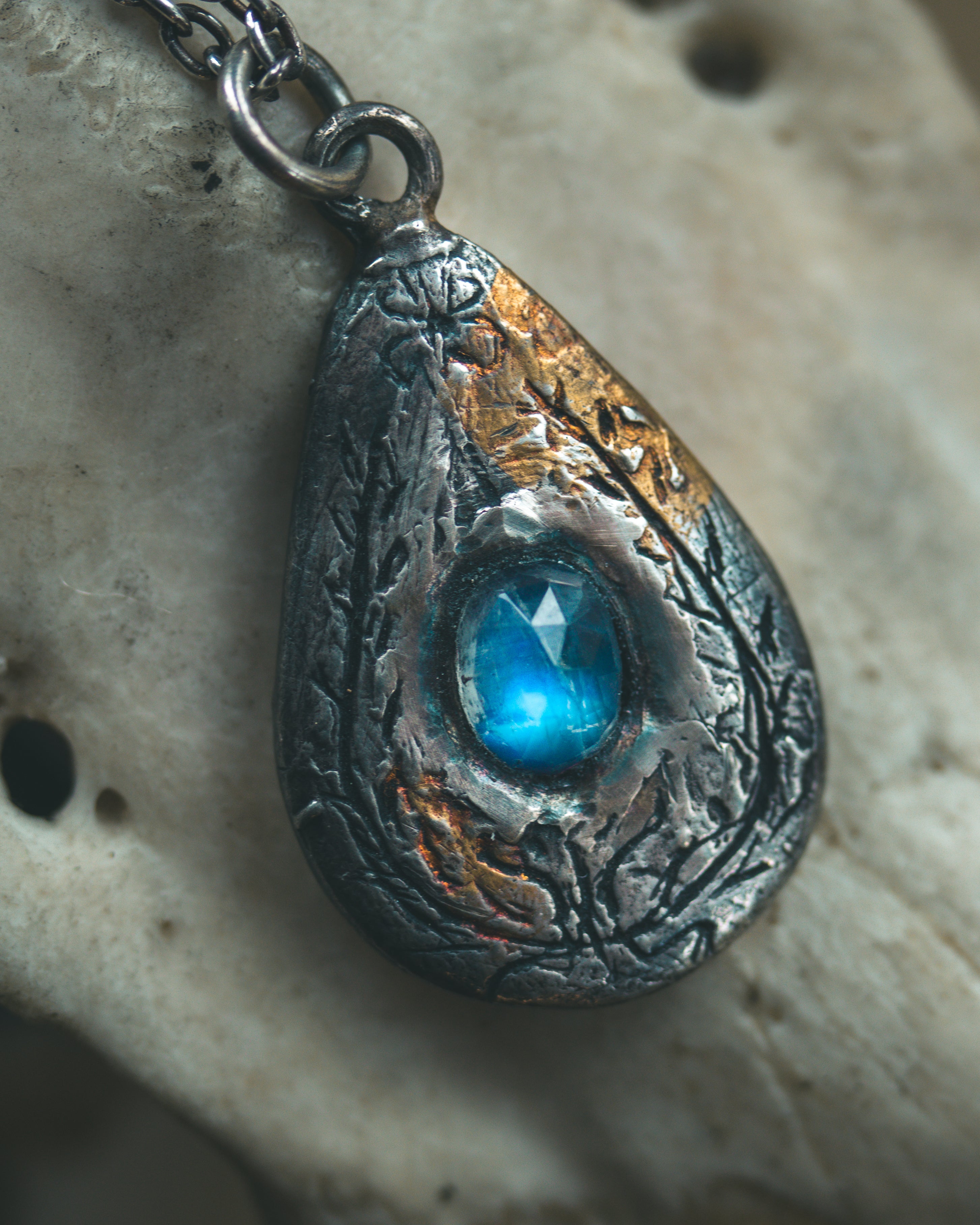 Yaga's Cabinet: Wheat & Flame Talisman | Sterling Silver | 23.5K Keum-boo Gold | Blue Flash Moonstone