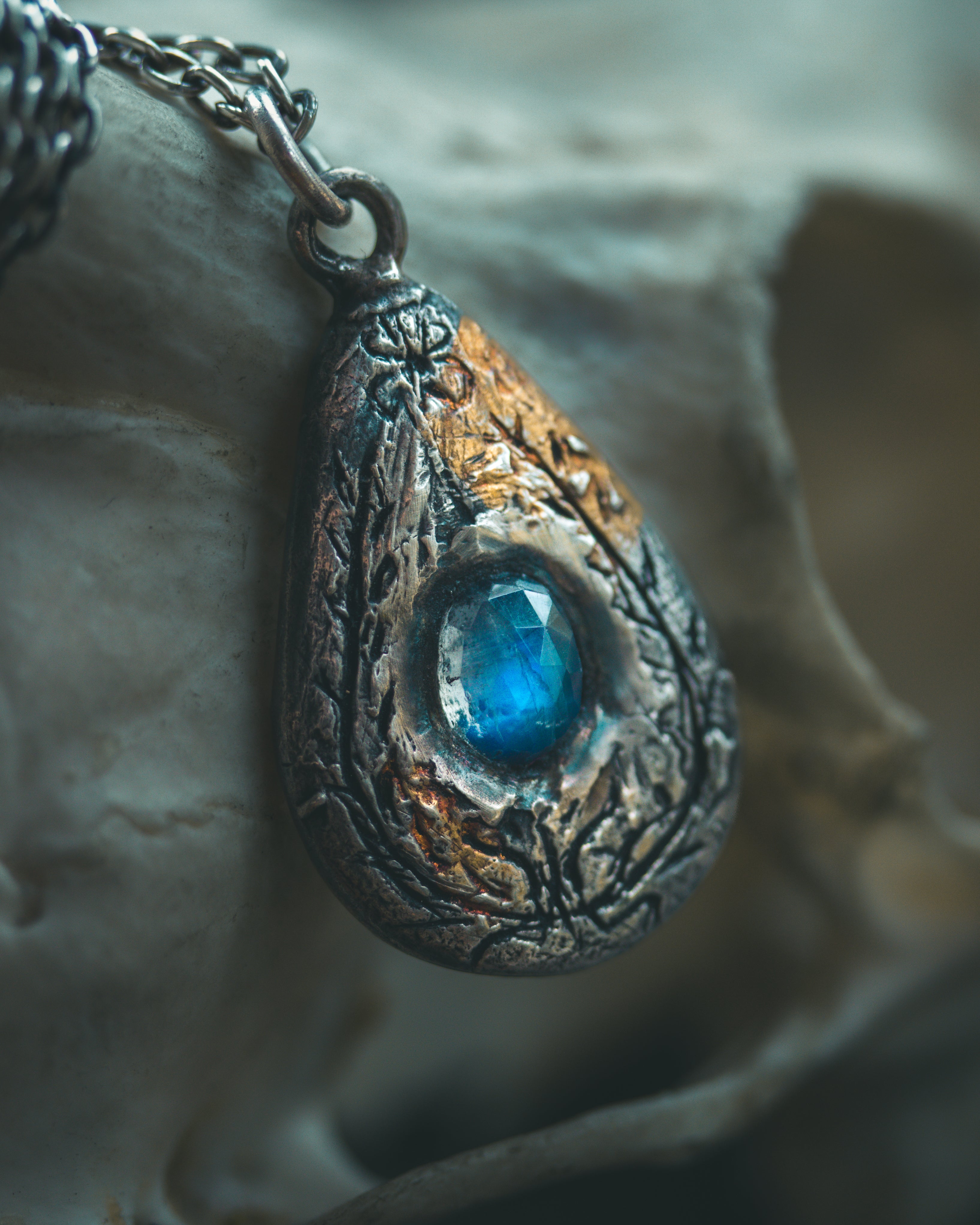 Yaga's Cabinet: Wheat & Flame Talisman | Sterling Silver | 23.5K Keum-boo Gold | Blue Flash Moonstone