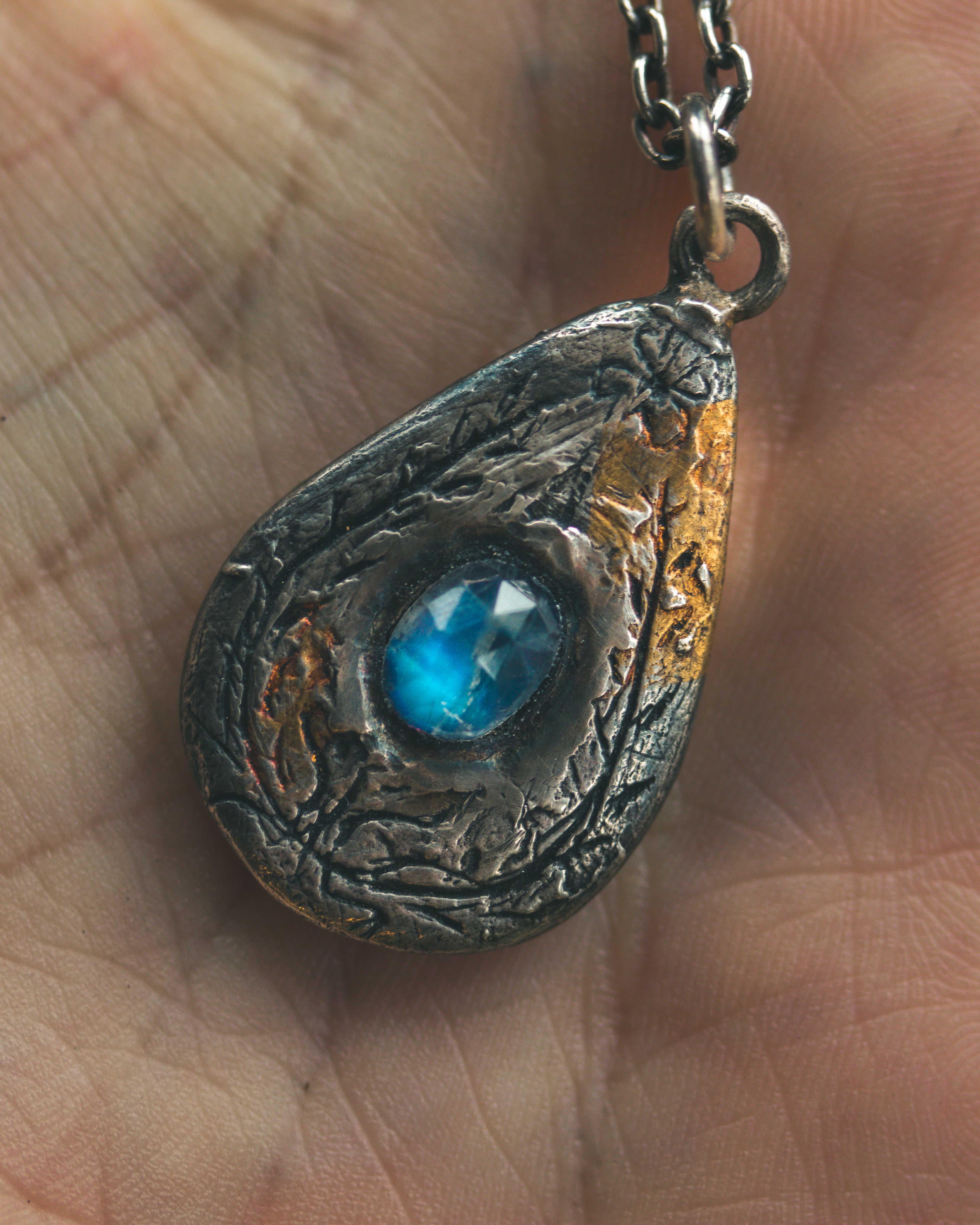 Yaga's Cabinet: Wheat & Flame Talisman | Sterling Silver | 23.5K Keum-boo Gold | Blue Flash Moonstone
