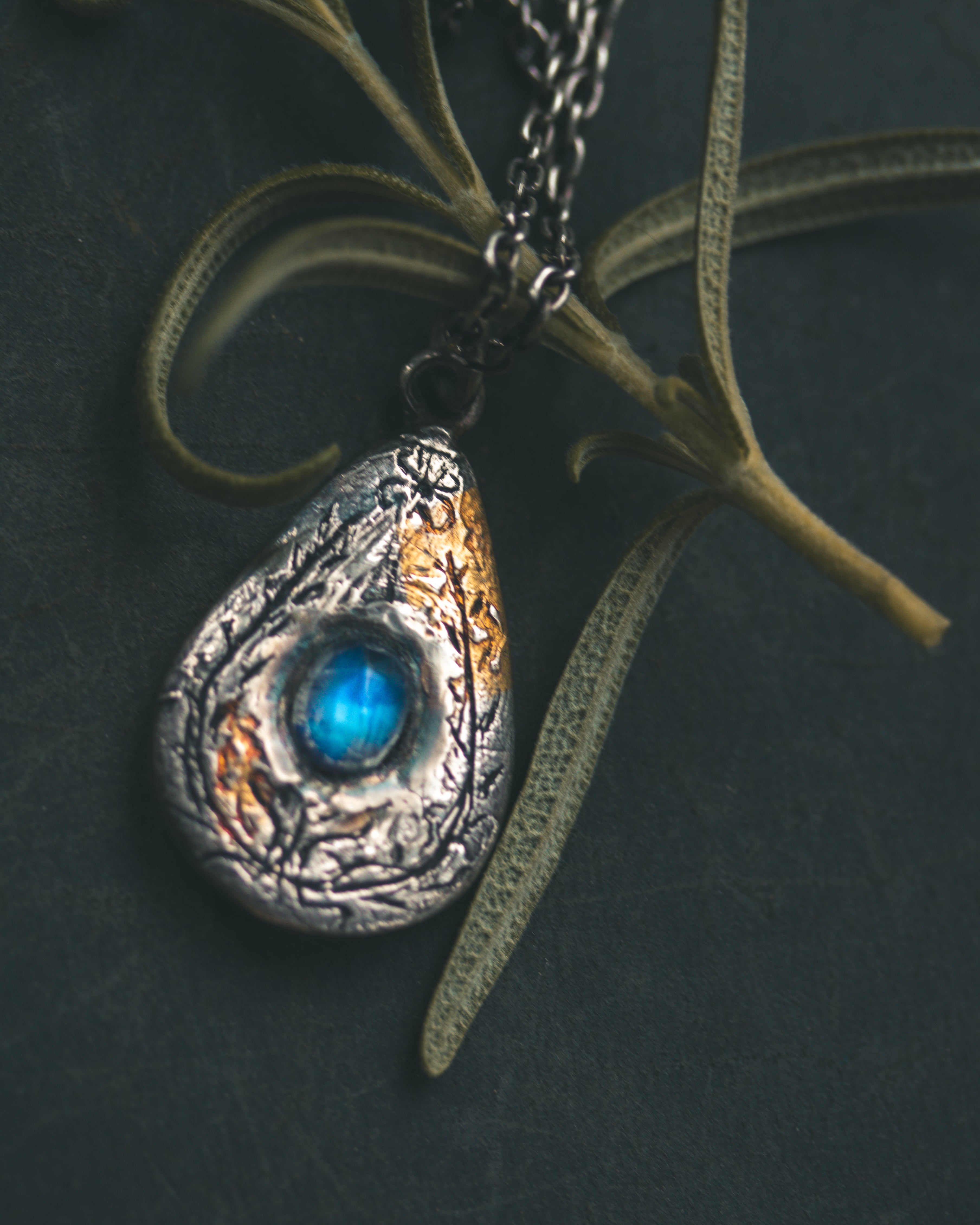 Yaga's Cabinet: Wheat & Flame Talisman | Sterling Silver | 23.5K Keum-boo Gold | Blue Flash Moonstone