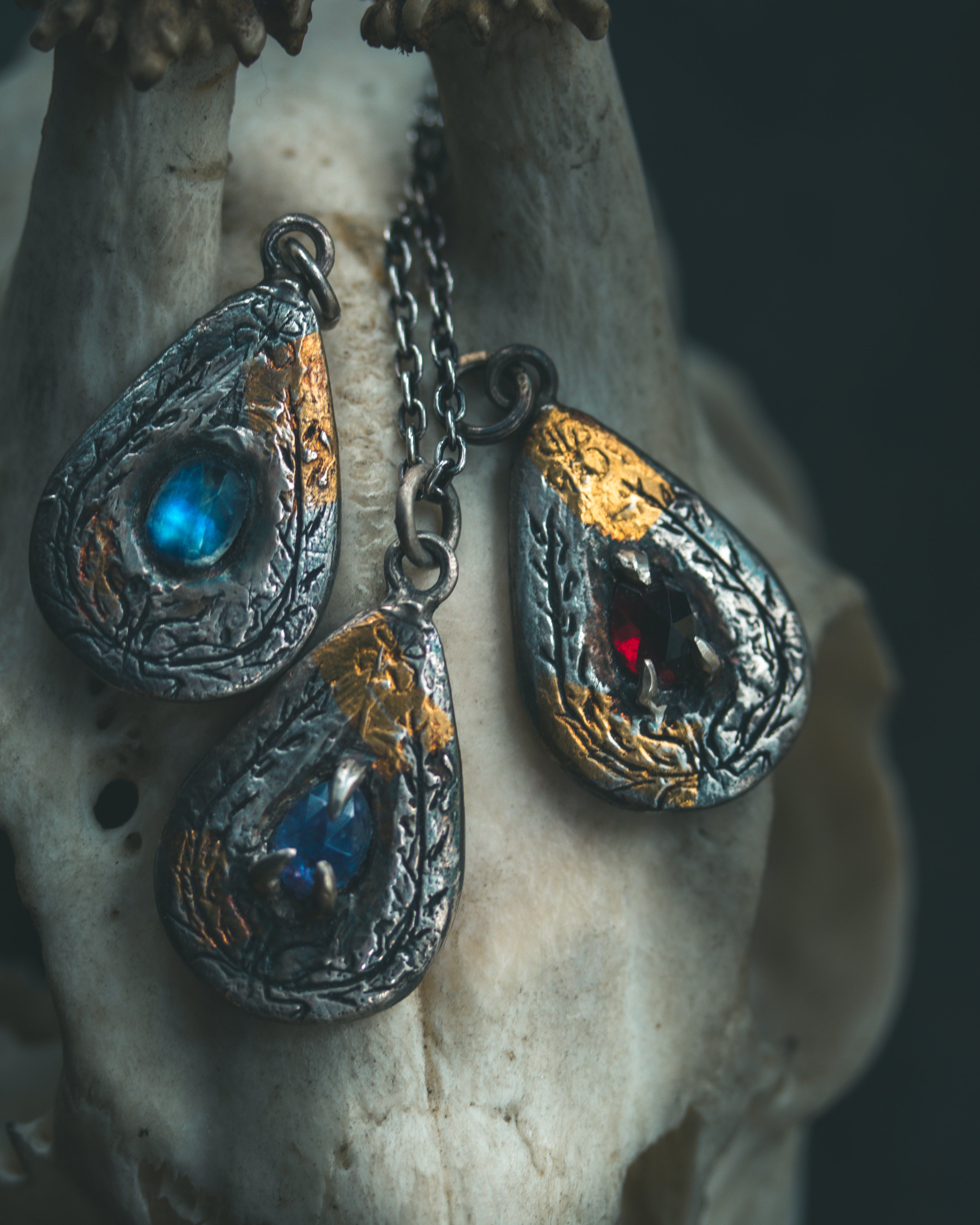 Yaga's Cabinet: Wheat & Flame Talisman | Sterling Silver | 23.5K Keum-boo Gold | Blue Flash Moonstone