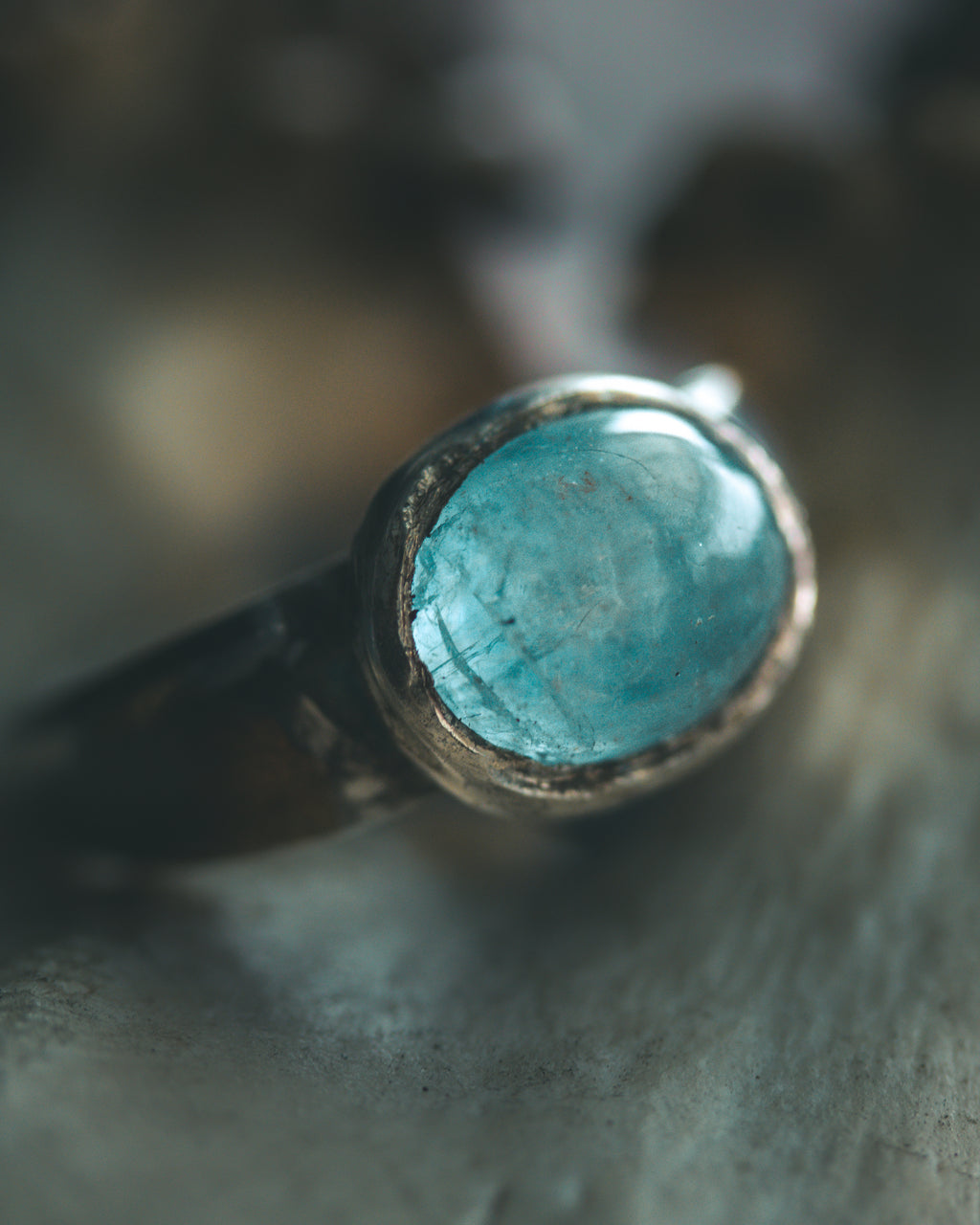 Stirrup Ring | Sterling Silver | 23K Gold | Aquamarine with Rainbow Inclusion