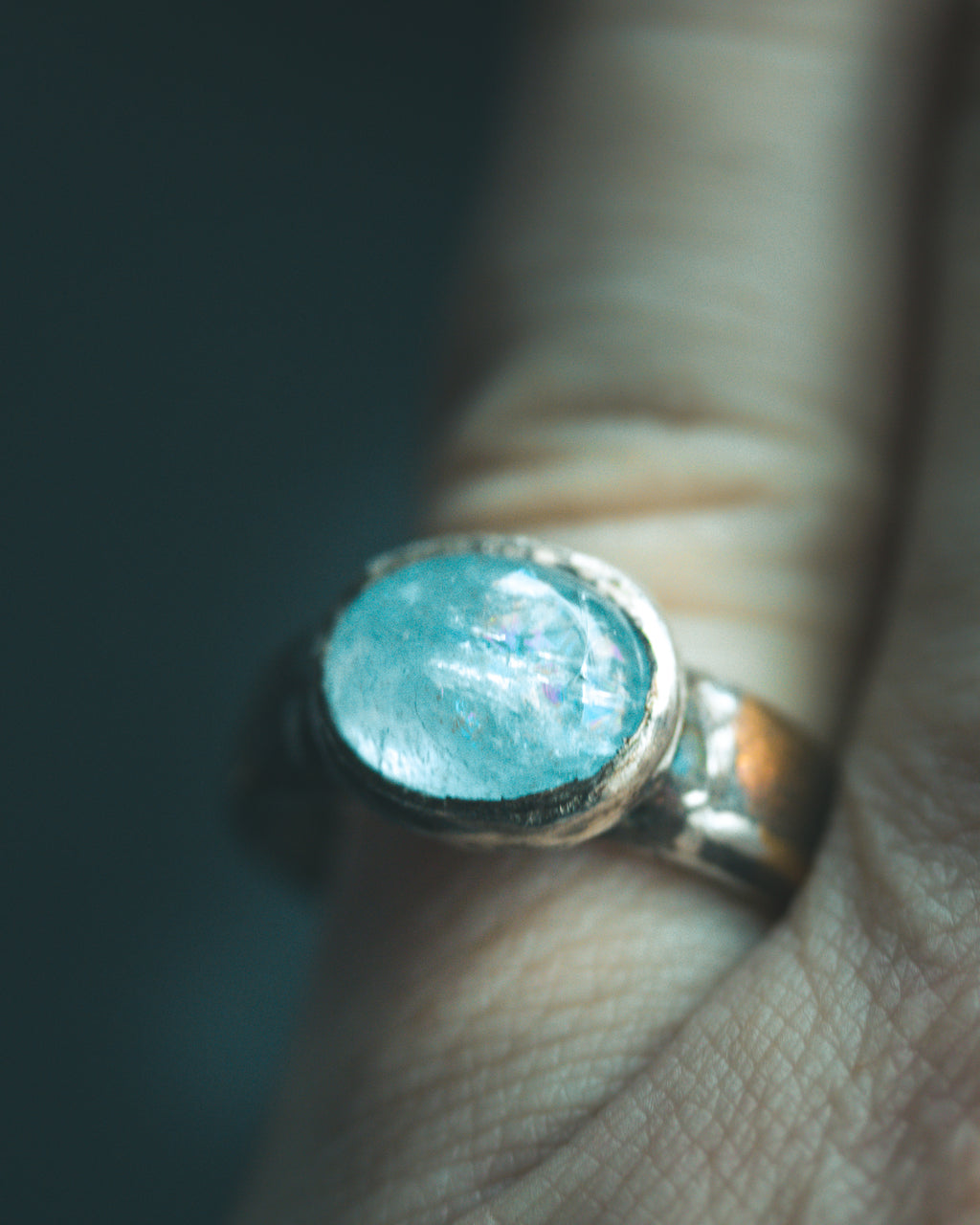 Stirrup Ring | Sterling Silver | 23K Gold | Aquamarine with Rainbow Inclusion