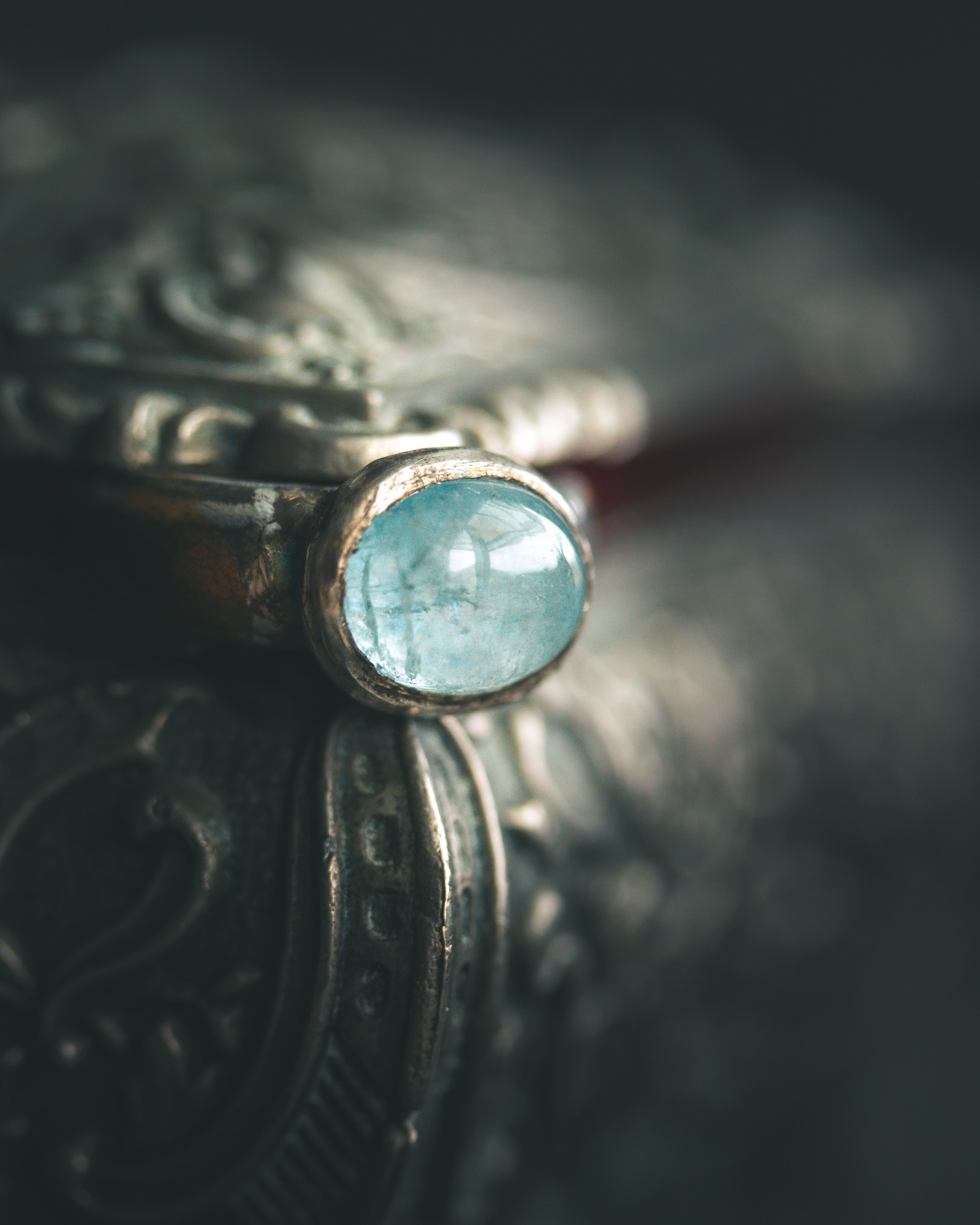 Stirrup Ring | Sterling Silver | 23K Gold | Aquamarine with Rainbow Inclusion