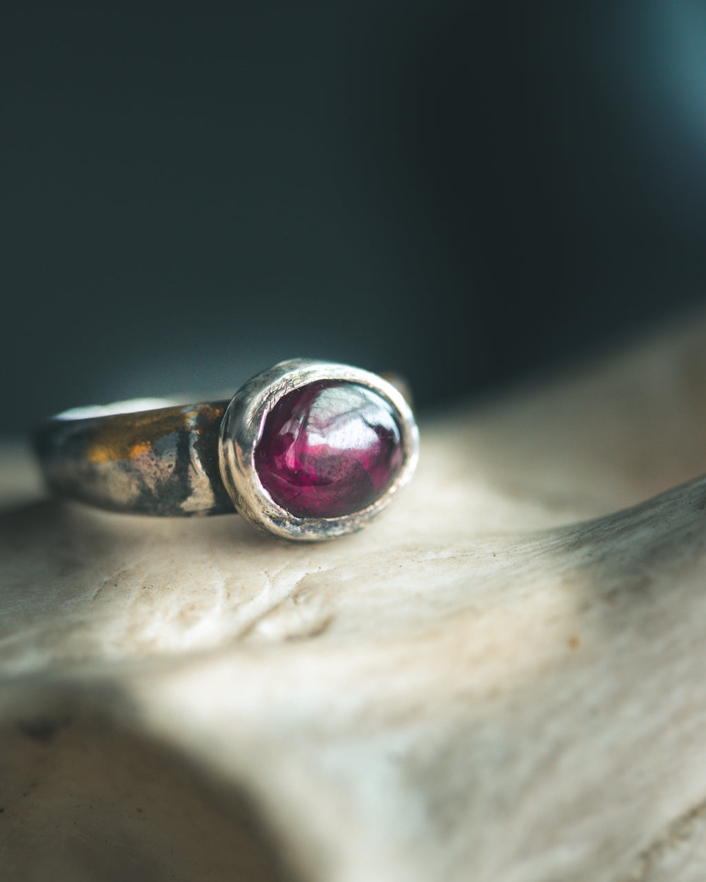 Stirrup Ring | Sterling Silver | 23K Gold | Rhodolite Garnet