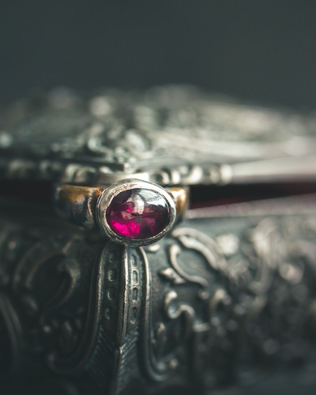 Stirrup Ring | Sterling Silver | 23K Gold | Rhodolite Garnet