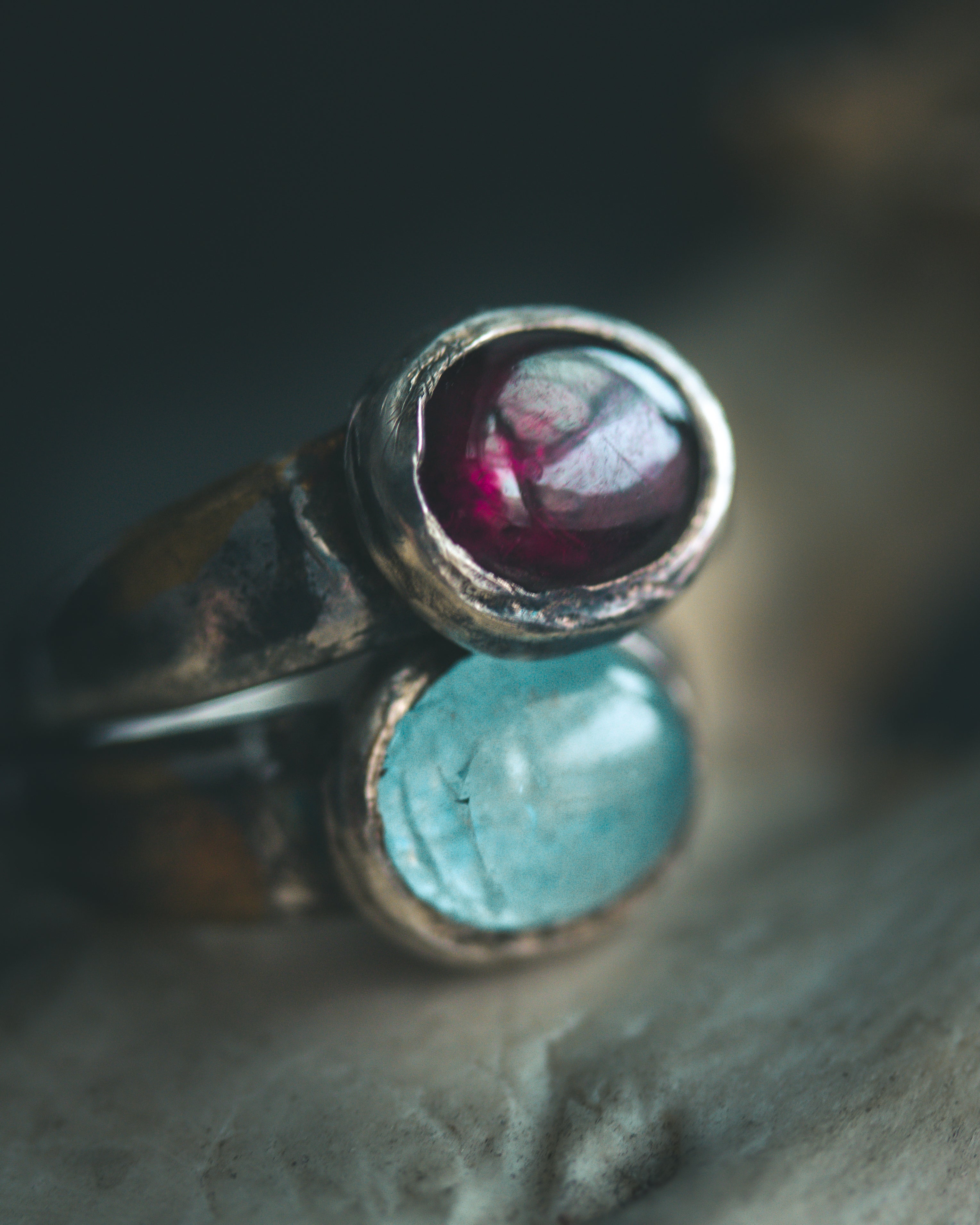 Stirrup Ring | Sterling Silver | 23K Gold | Rhodolite Garnet