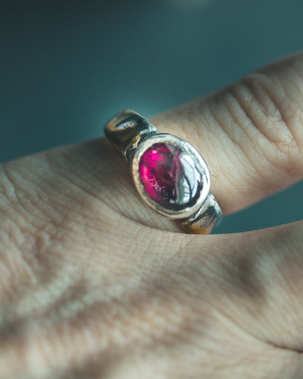 Stirrup Ring | Sterling Silver | 23K Gold | Rhodolite Garnet