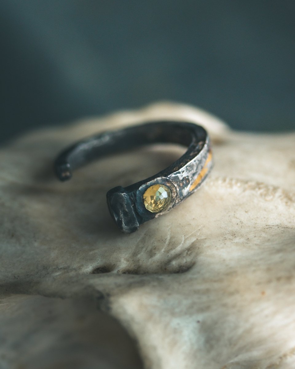 Coffin Nail Ring with Peridot – Sterling Silver and 23.5K Gold | Talisman of Banishment, Renewal & Sacred Fire - Machinations