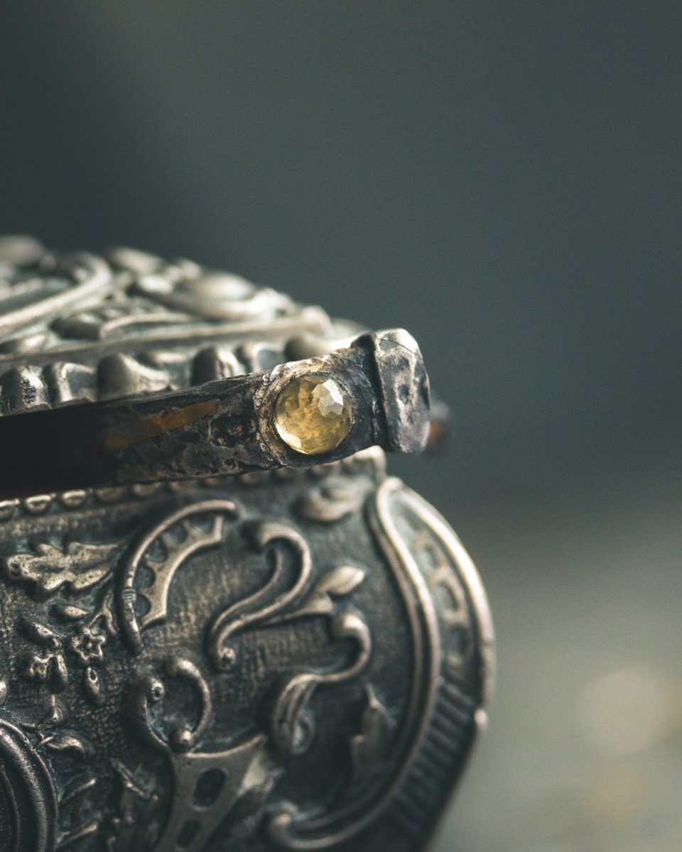 Coffin Nail Ring with Peridot – Sterling Silver and 23.5K Gold | Talisman of Banishment, Renewal & Sacred Fire - Machinations