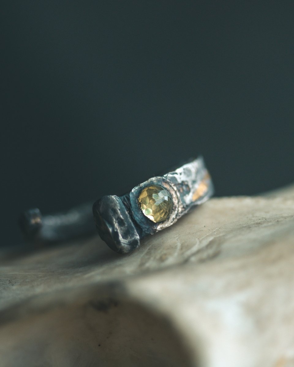 Coffin Nail Ring with Peridot – Sterling Silver and 23.5K Gold | Talisman of Banishment, Renewal & Sacred Fire - Machinations