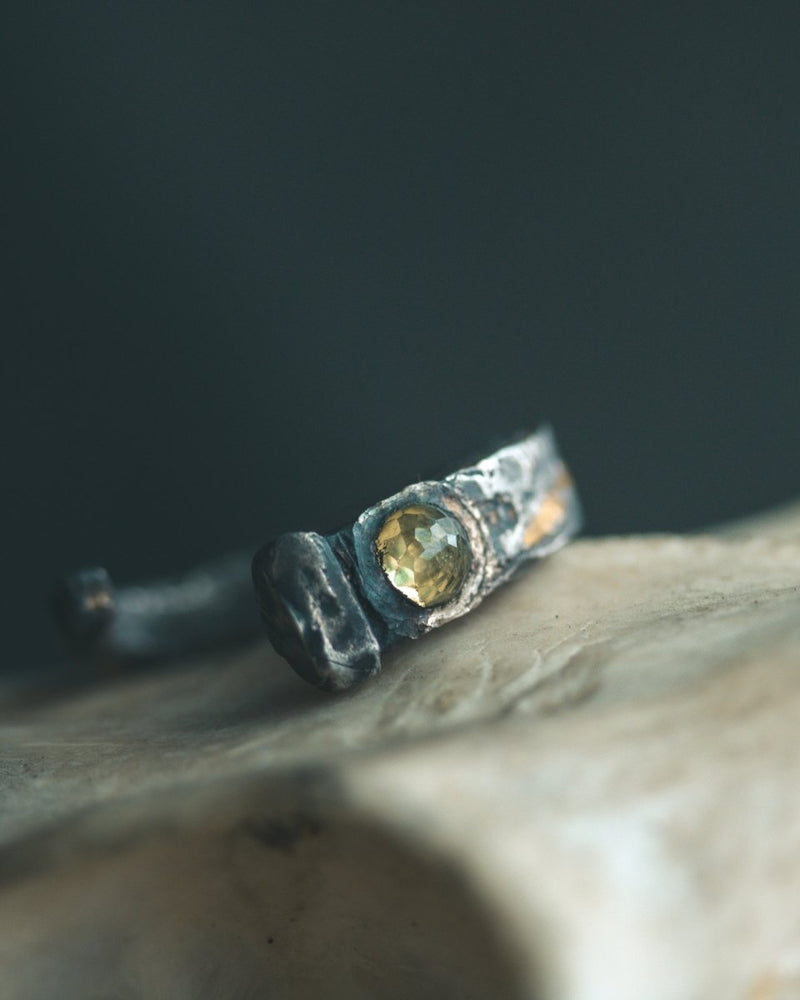 Coffin Nail Ring with Peridot – Sterling Silver and 23.5K Gold | Talisman of Banishment, Renewal & Sacred Fire - Machinations