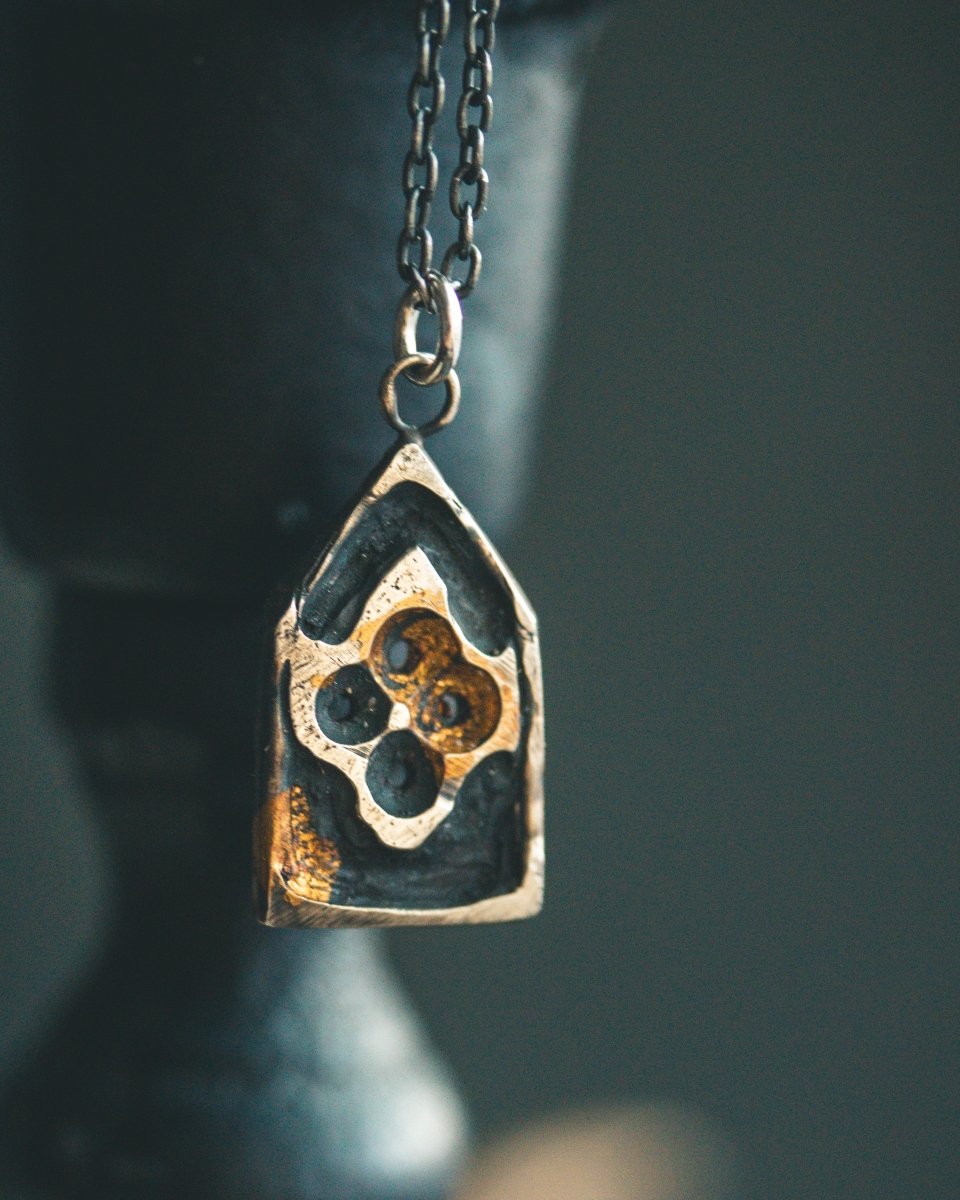 Divine Ruin Collection - Cathedral Fragment Pendant | Sterling Silver & 23.5K Gold | Hand - Carved Relic of Memory, Mystery & Sacred Decay - Machinations