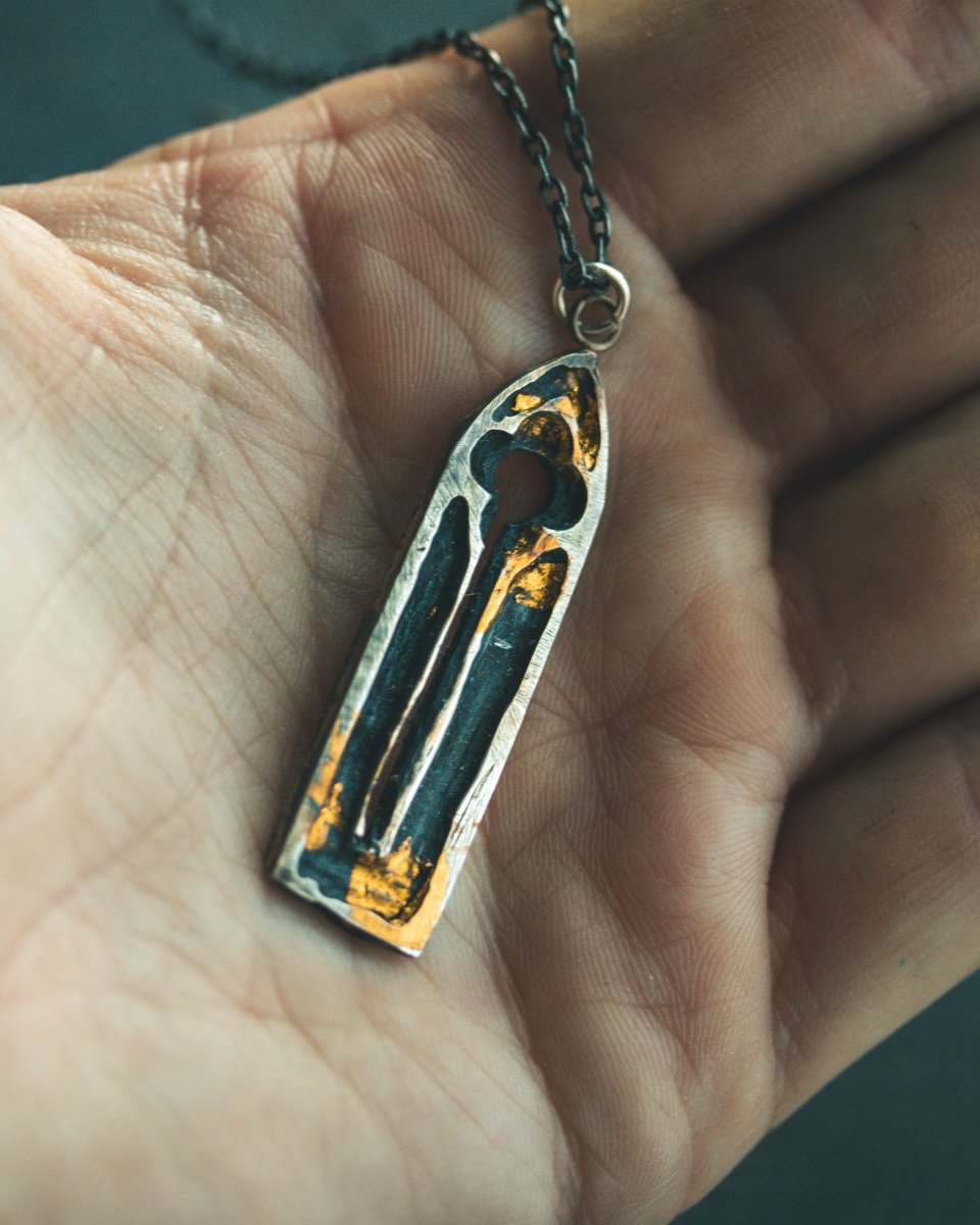 Divine Ruin Collection - Gothic Church Window Pendant | Sterling Silver & 23.5K Gold | Hand - Carved Talisman of Silence, Devotion & Sacred Decay - Machinations