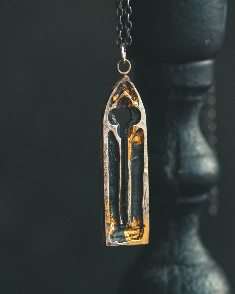 Divine Ruin Collection - Gothic Church Window Pendant | Sterling Silver & 23.5K Gold | Hand - Carved Talisman of Silence, Devotion & Sacred Decay - Machinations