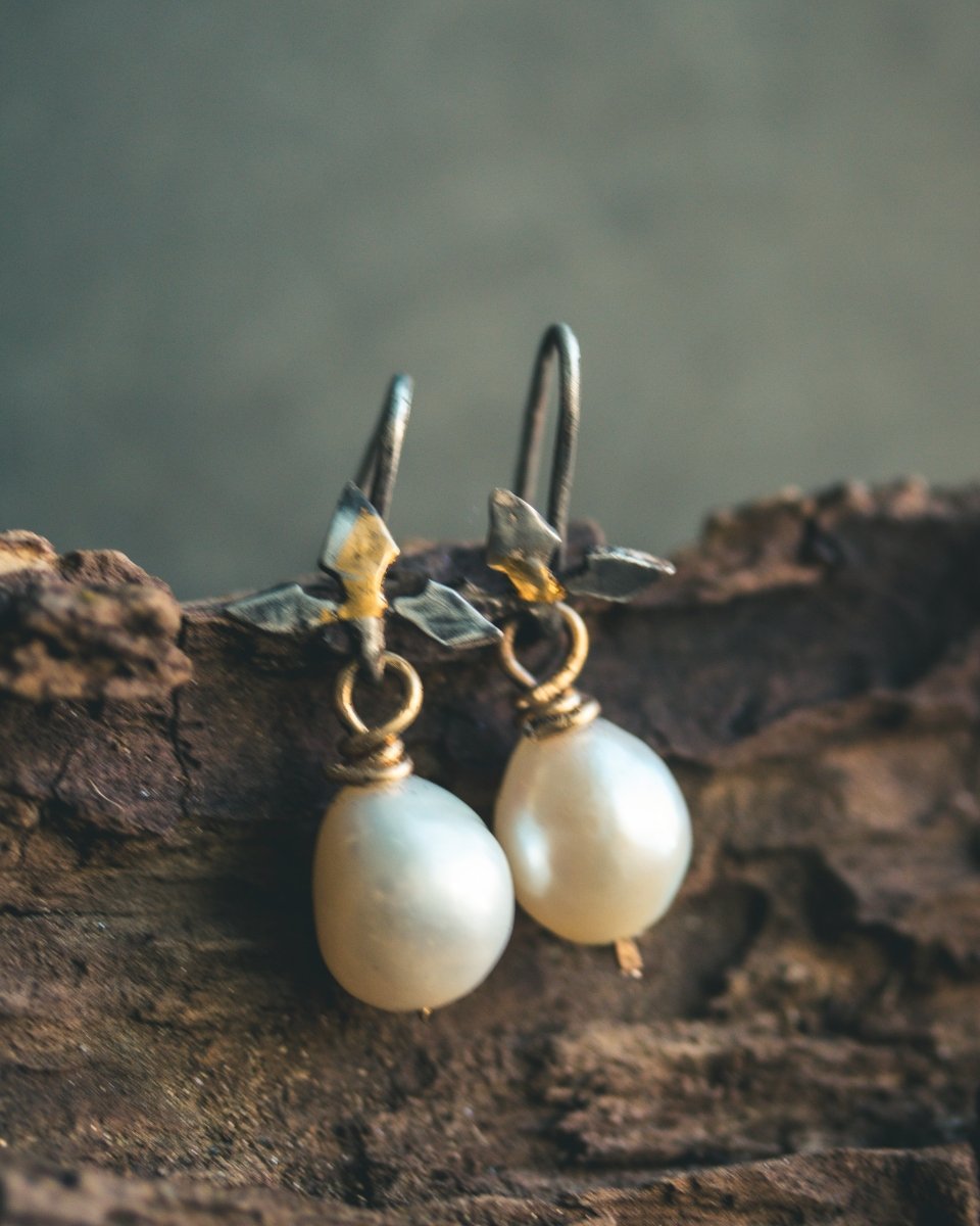 Flame Ear Wire Earring Hooks with Cream White Freshwater Pearls: A Symbol of Passion, Transformation, and Serenity - Machinations
