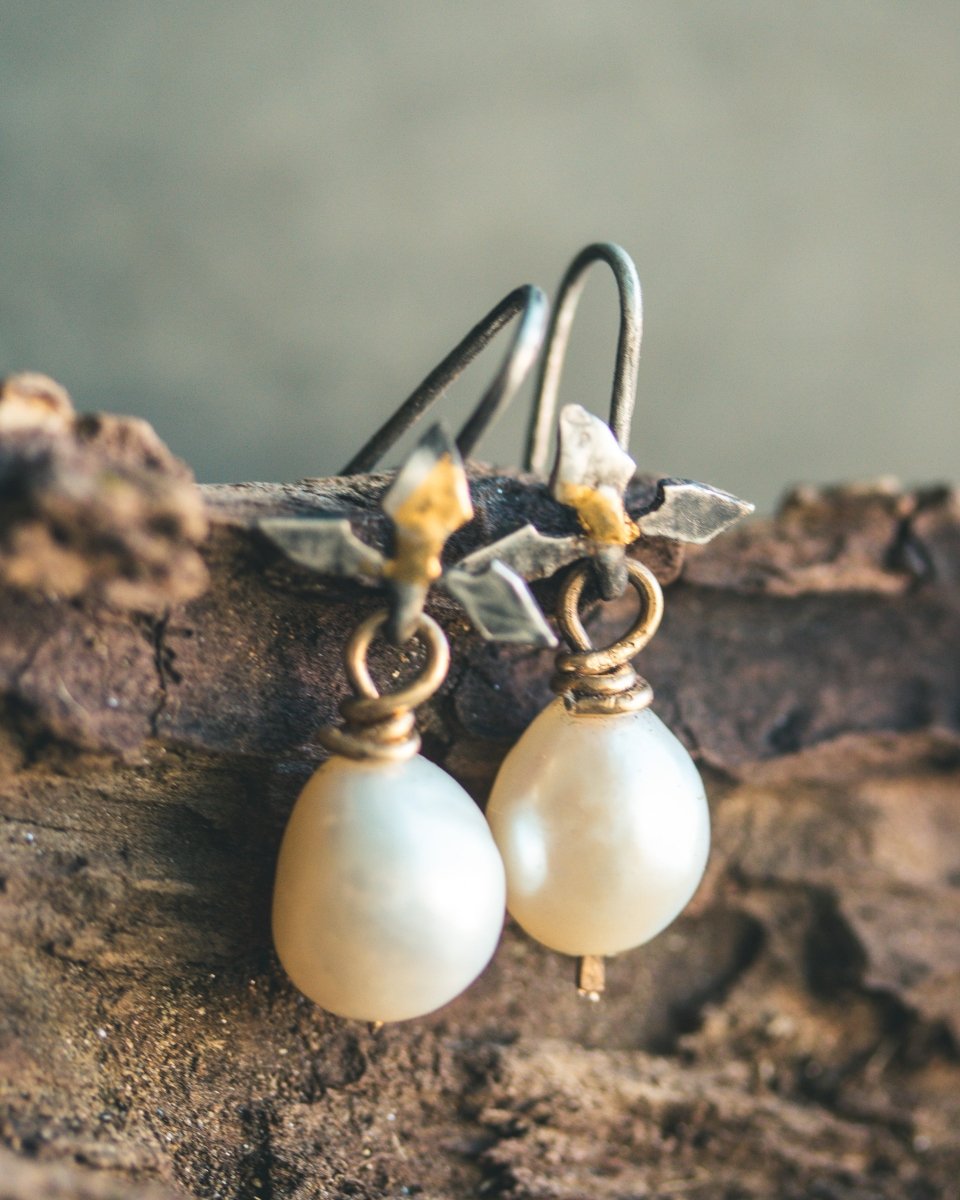 Flame Ear Wire Earring Hooks with Cream White Freshwater Pearls: A Symbol of Passion, Transformation, and Serenity - Machinations