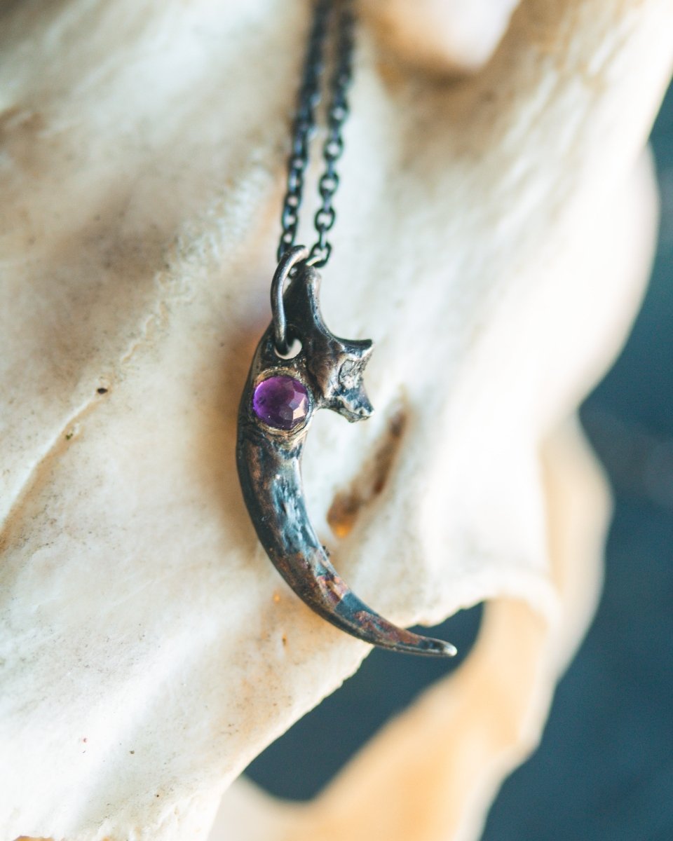 Great Horned Owl Talon Pendant with Amethyst: A Symbol of Wisdom and Power - Machinations