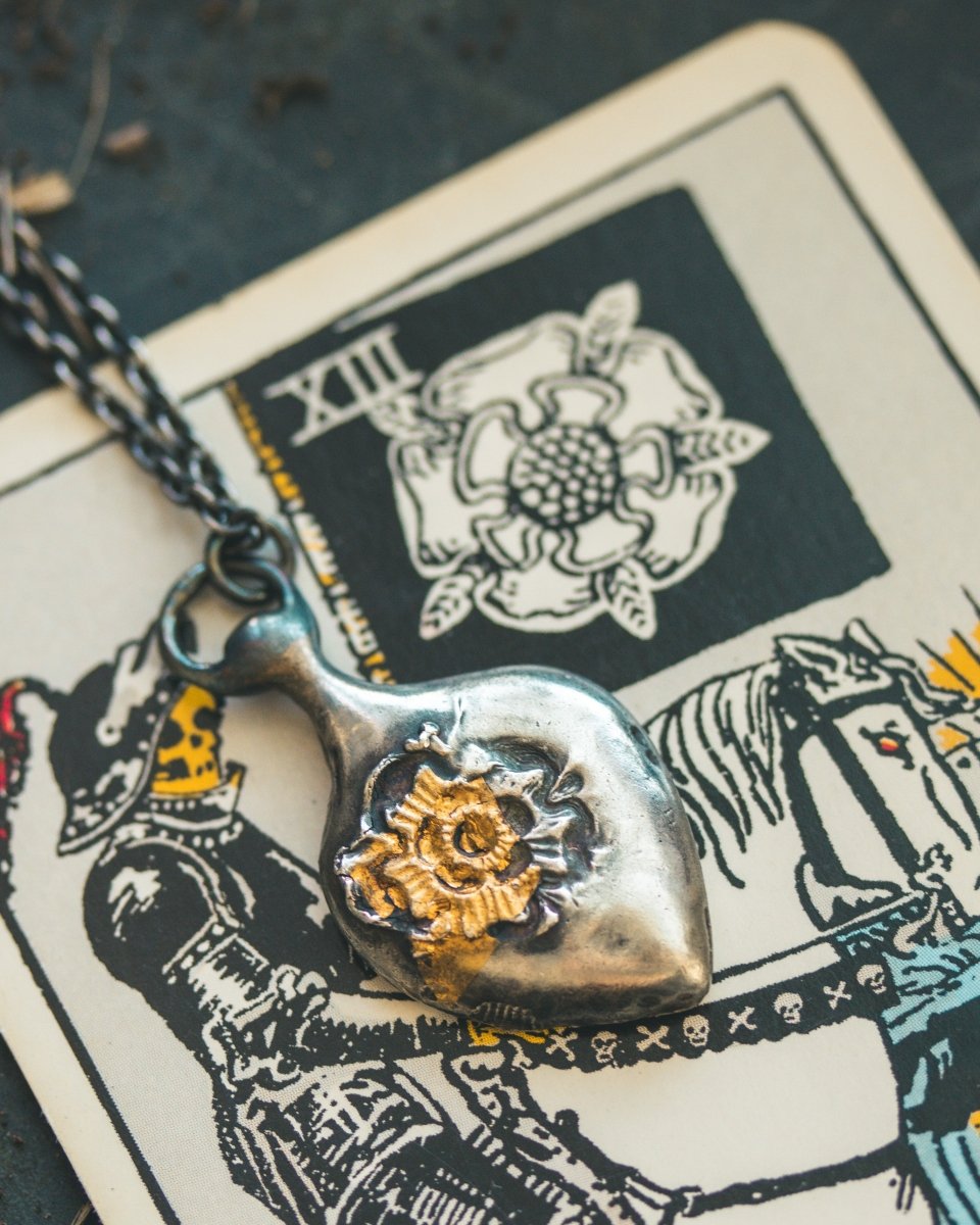 Limited Edition Rose of Death Tarot Amulet: Handcrafted in Sterling Silver with 23.5K Gold Accents - Machinations