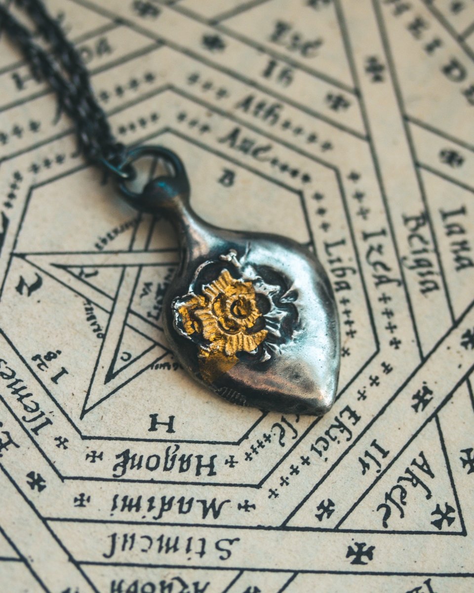 Limited Edition Rose of Death Tarot Amulet: Handcrafted in Sterling Silver with 23.5K Gold Accents - Machinations
