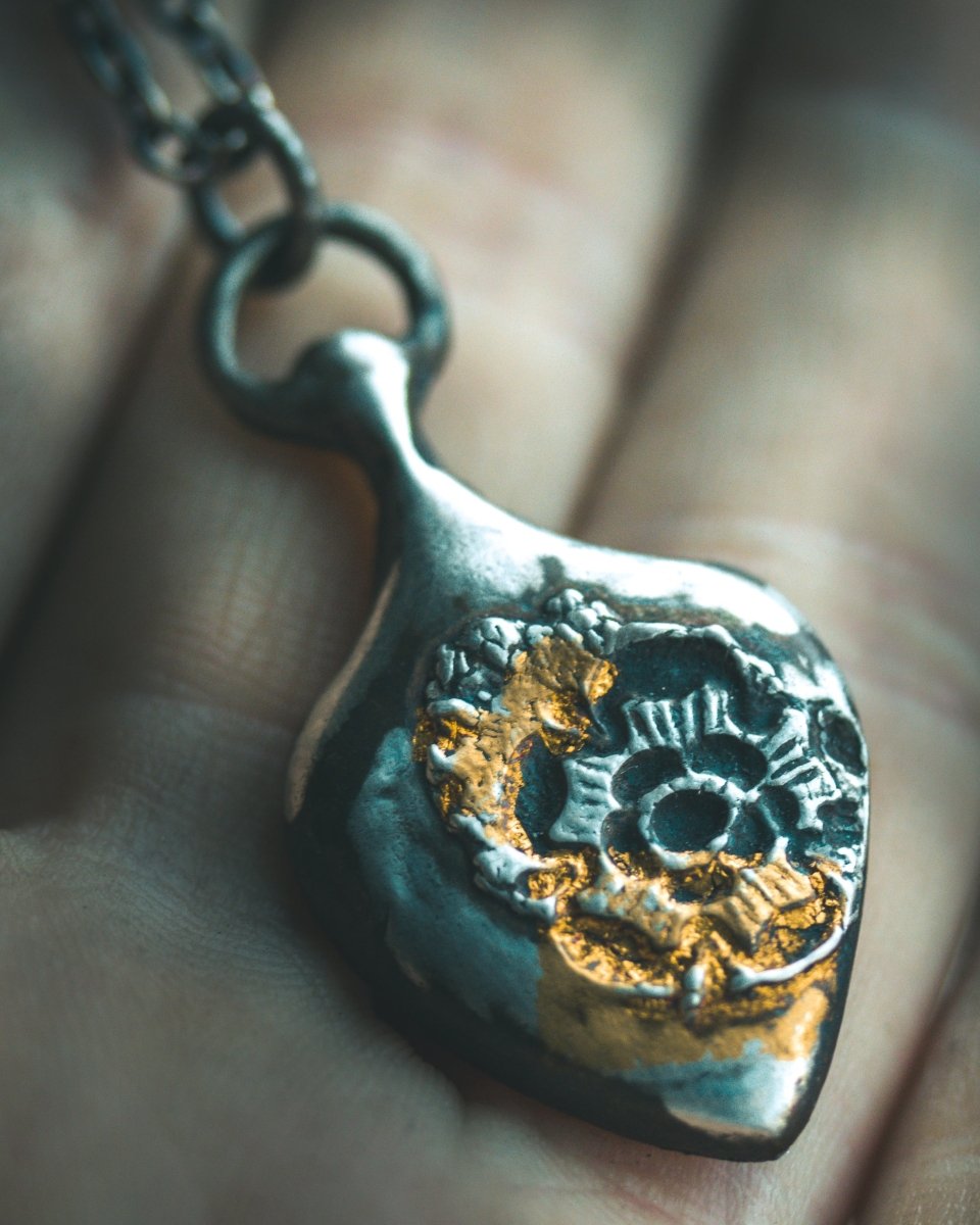 Limited Edition Rose of Death Tarot Amulet: Handcrafted in Sterling Silver with 23.5K Gold Accents - Machinations
