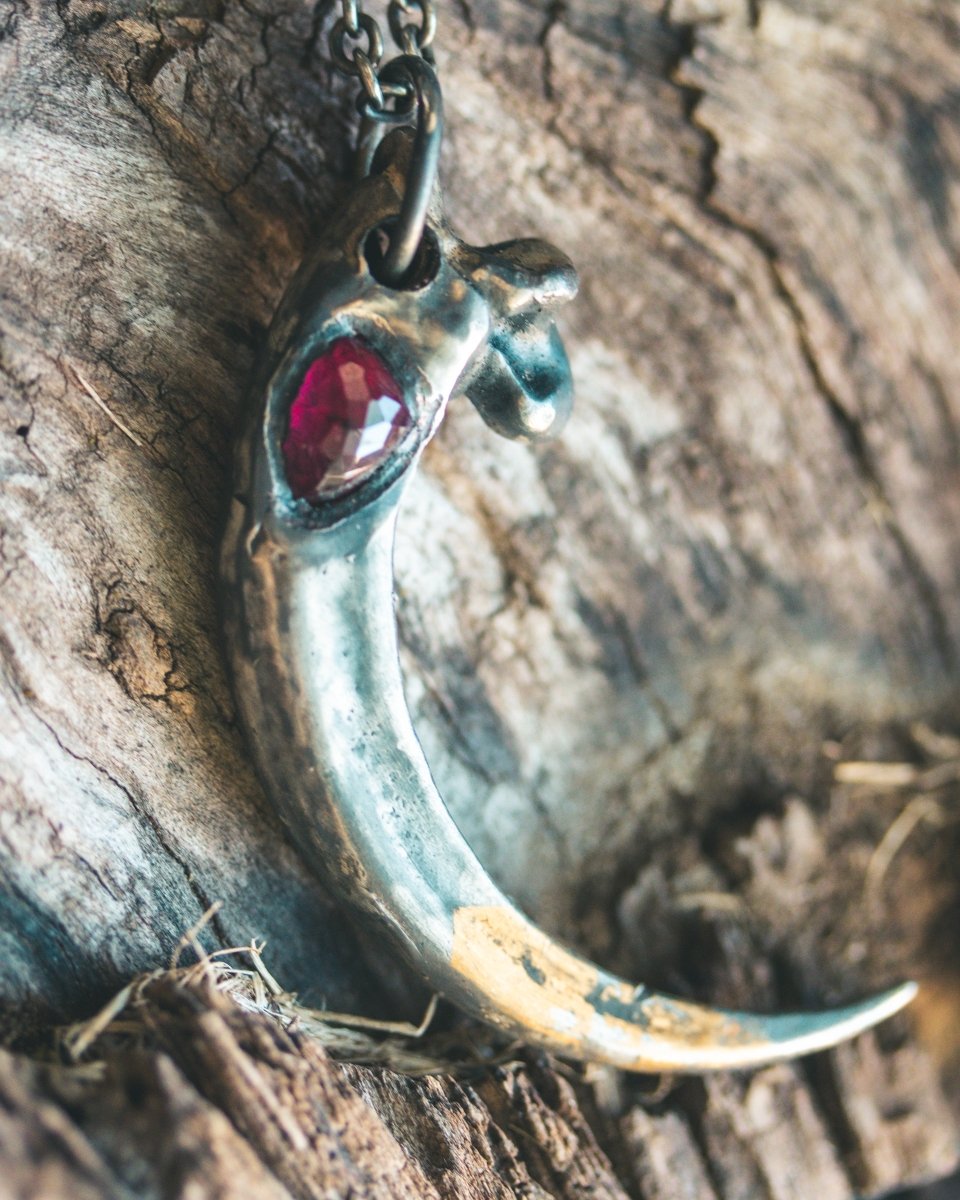 Majestic Golden Eagle Pendant with Asymmetrical Rose Cut Rhodolite Garnet Sterling Silver and 23.5K Gold Accent - Machinations