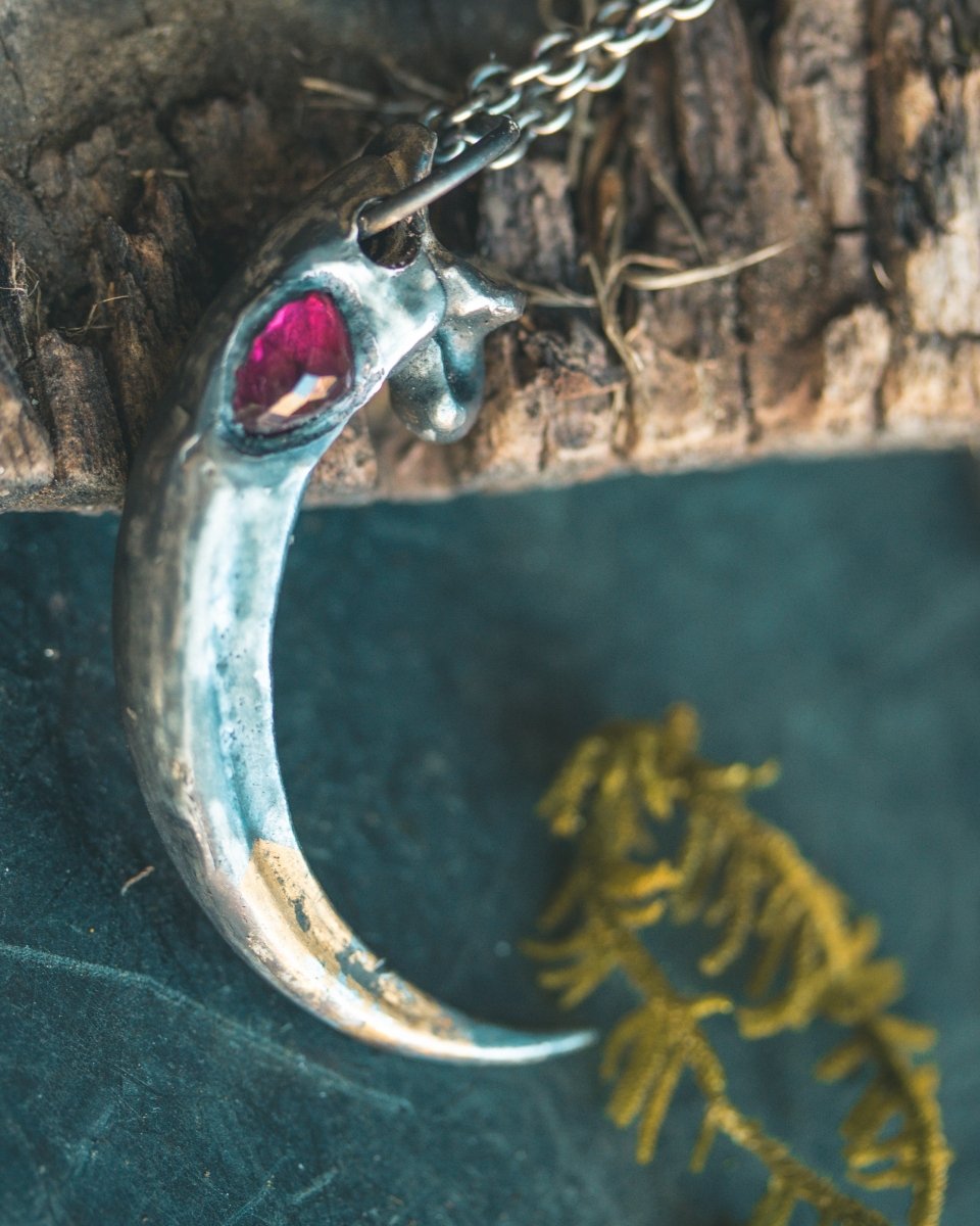 Majestic Golden Eagle Pendant with Asymmetrical Rose Cut Rhodolite Garnet Sterling Silver and 23.5K Gold Accent - Machinations