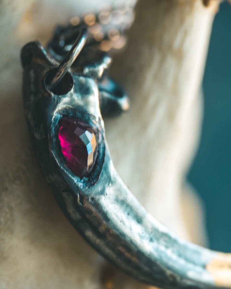 Majestic Golden Eagle Pendant with Asymmetrical Rose Cut Rhodolite Garnet Sterling Silver and 23.5K Gold Accent - Machinations