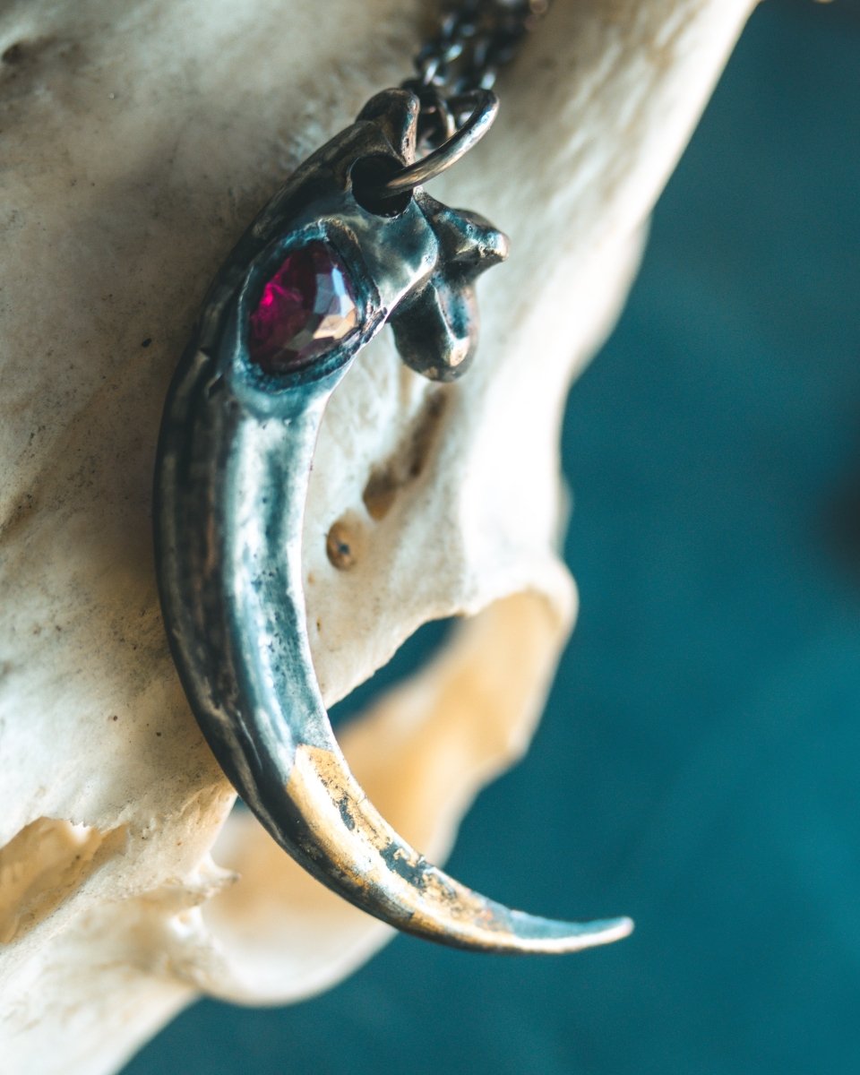 Majestic Golden Eagle Pendant with Asymmetrical Rose Cut Rhodolite Garnet Sterling Silver and 23.5K Gold Accent - Machinations