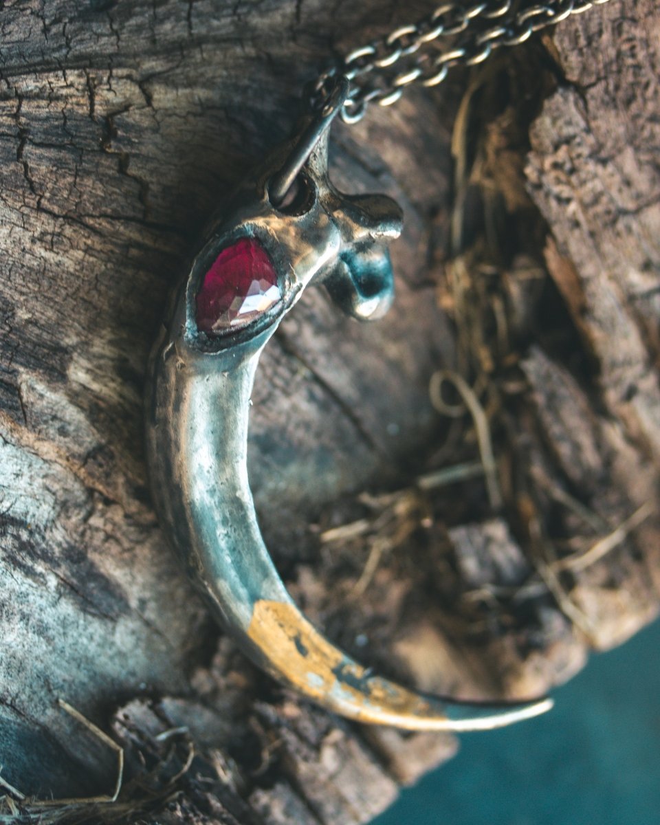 Majestic Golden Eagle Pendant with Asymmetrical Rose Cut Rhodolite Garnet Sterling Silver and 23.5K Gold Accent - Machinations