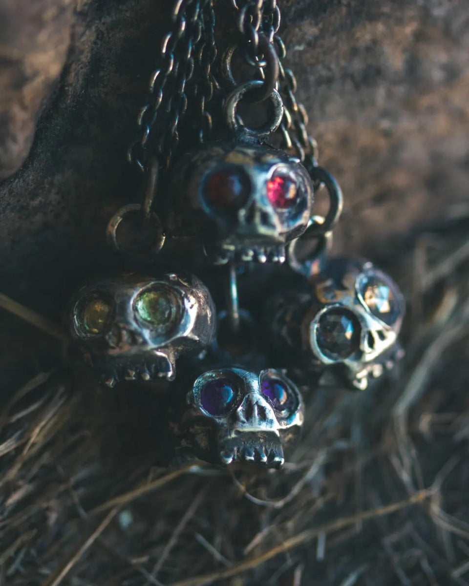 Memento Mori Skull Charm with Amethyst Eyes – Sterling Silver & 23.5K Gold | Talisman of Mortality, Intuition & Inner Strength - Machinations