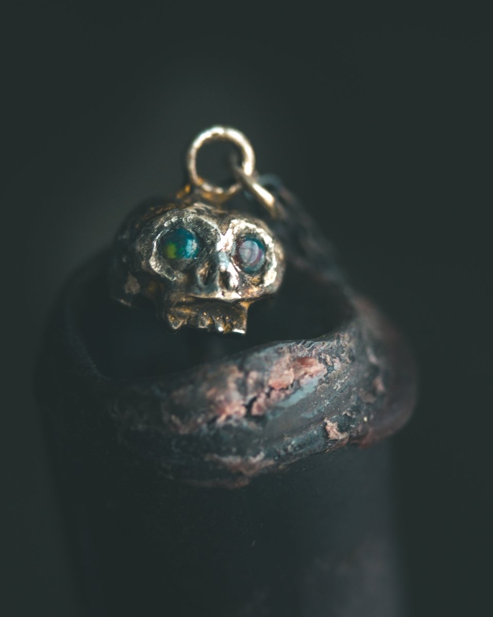 Memento Mori Skull Charm with Cabochon Black Opal – Sterling Silver & 23.5K Gold | Talisman of Life, Death and Cosmic Mystery - Machinations