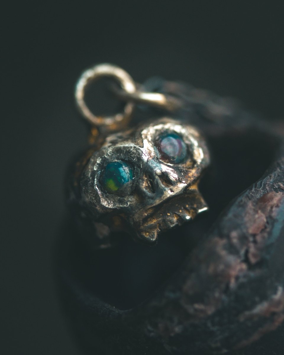 Memento Mori Skull Charm with Cabochon Black Opal – Sterling Silver & 23.5K Gold | Talisman of Life, Death and Cosmic Mystery - Machinations
