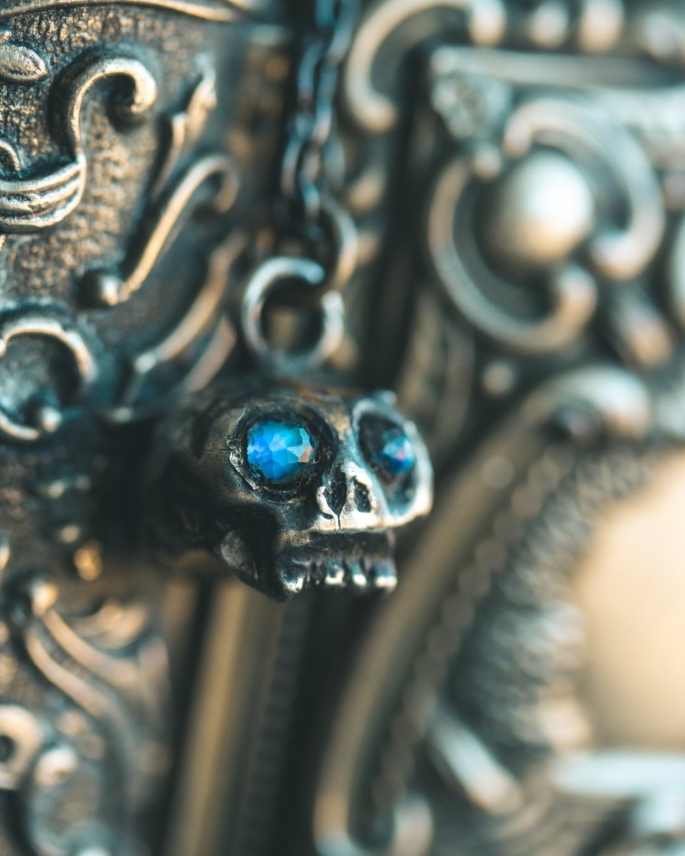 Memento Mori Skull Charm with Rose - Cut Rainbow Moonstone – Sterling Silver & 23.5K Gold | Talisman of Life, Death and Inner Light - Machinations